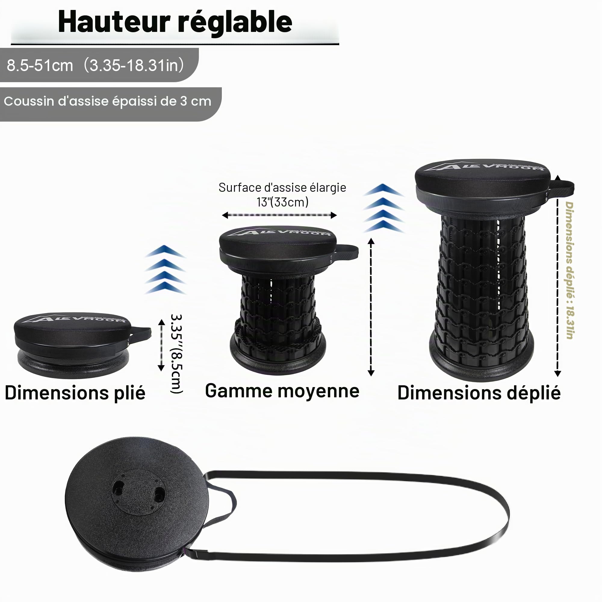 ALEVMOOM Tabouret télescopique Portable avec Coussin épais - Charge maximale : 450 kg - Tabouret Pliable pour l'extérieur, Le Camping, la pêche, la randonnée, Les Voyages