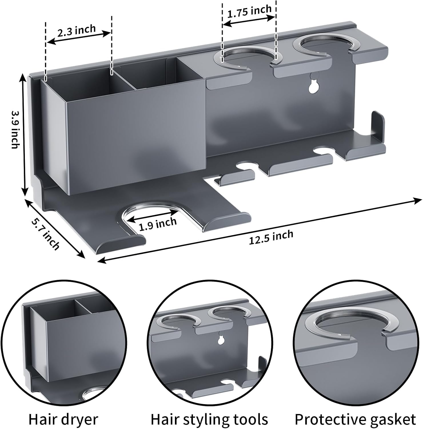 YSD Hair Dryer Holder Wall Mounted, Metal Hair Tools Organizer, Hair Dryer Holder for Blow Dryer, Curling Iron, Straightener, 3 in 1 Bathroom Hair Tool Organizer, Grey