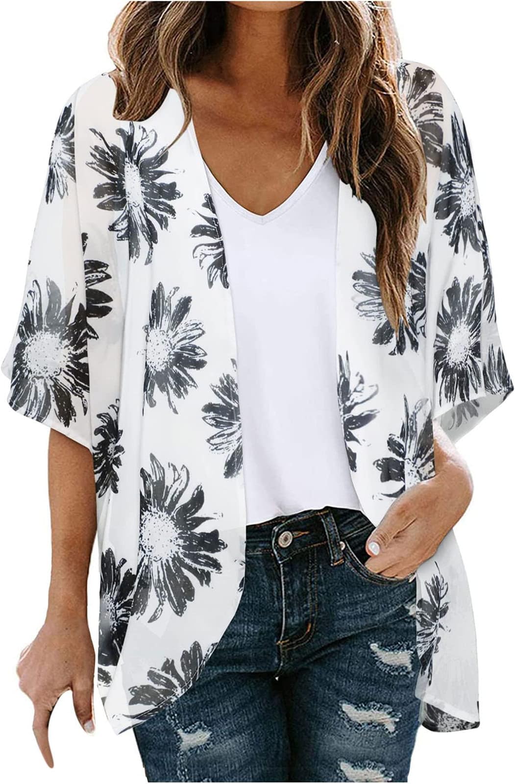 ZunFeoSummer Beach Kimonos Women Casual Floral Print Sheer Cardigan Lightweight Boho Covers Up Dressy Plus Size Trendy 2023
