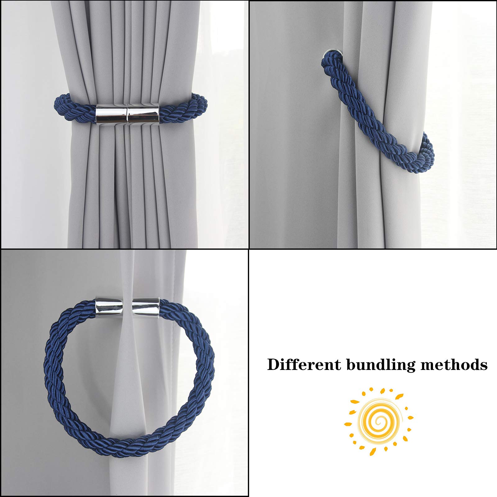 Lot de 6 embrasses de rideaux magnétiques solides - Bleu marine - 50 cm - Attaches pratiques pour rideaux fins ou épais avec crochets en métal - Légèrement lourdes