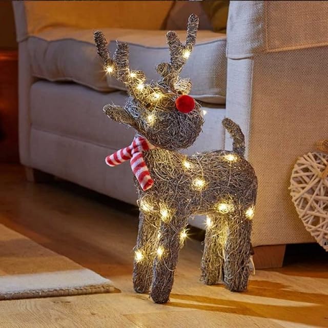 Marco Paul Novelty Christmas Rattan Reindeer with 60 White LED Lights Christmas Decorations - Battery-Operated Rustic Pre-Lit Standing Cupid Rudolph Deer Ornament Indoor Outdoor Festival Accessories