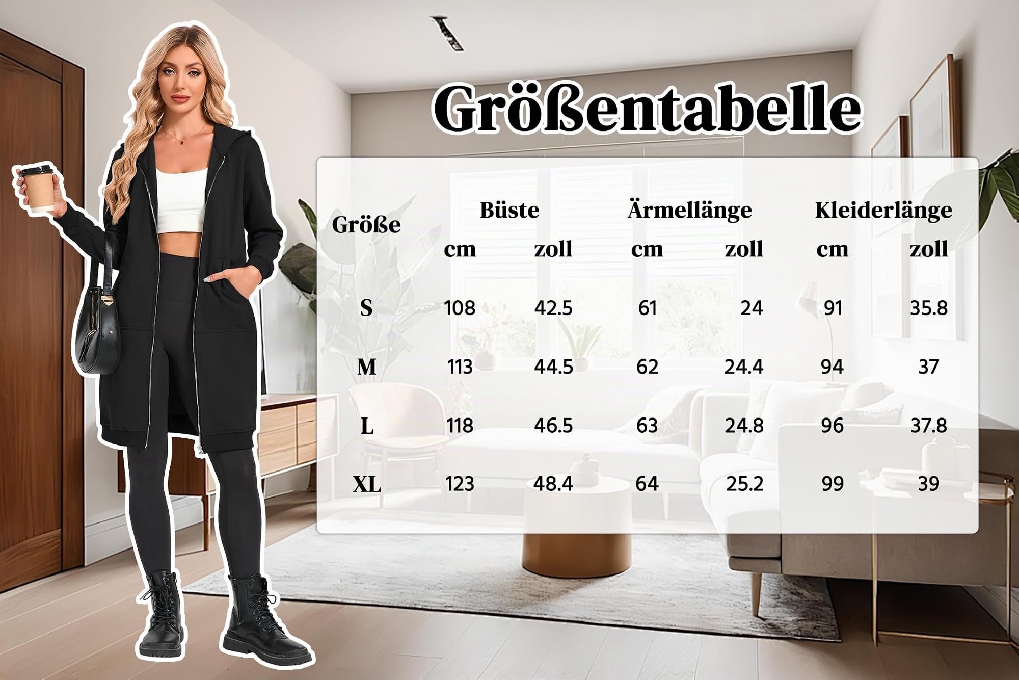 Timuspo Damen Lange Kapuzenjacke Weich und Locker Sweatjacke Einfarbig Zipper Hoodie Oversized Warm Sweatshirt Jacke Kapuzenpullover mit Taschen