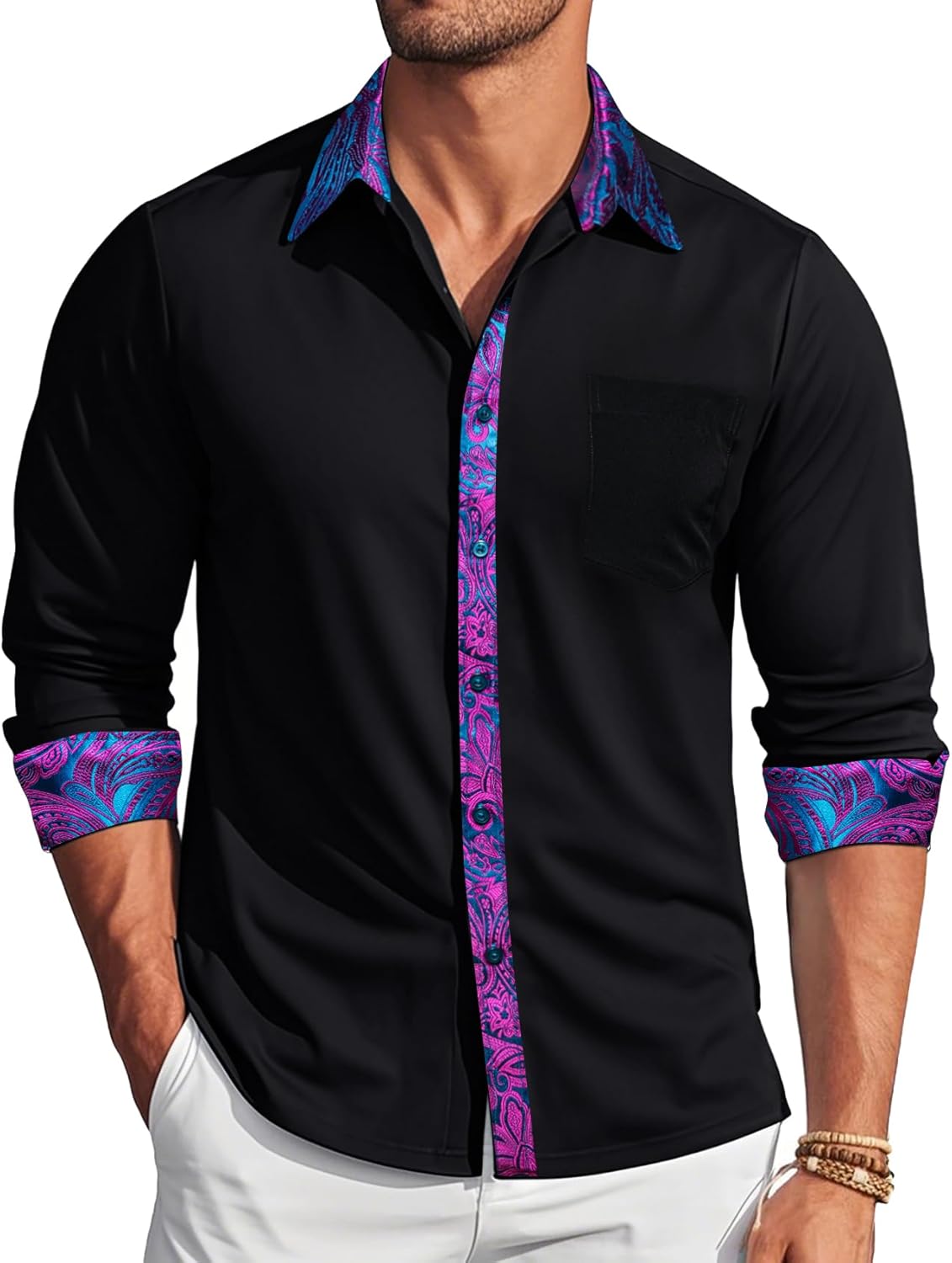 Barry.Wang Mens Business Shirts Long Sleeve Button Down Formal Shirt Collar Cuff Contrast Casual Dress Shirt Party Disco - Image 2