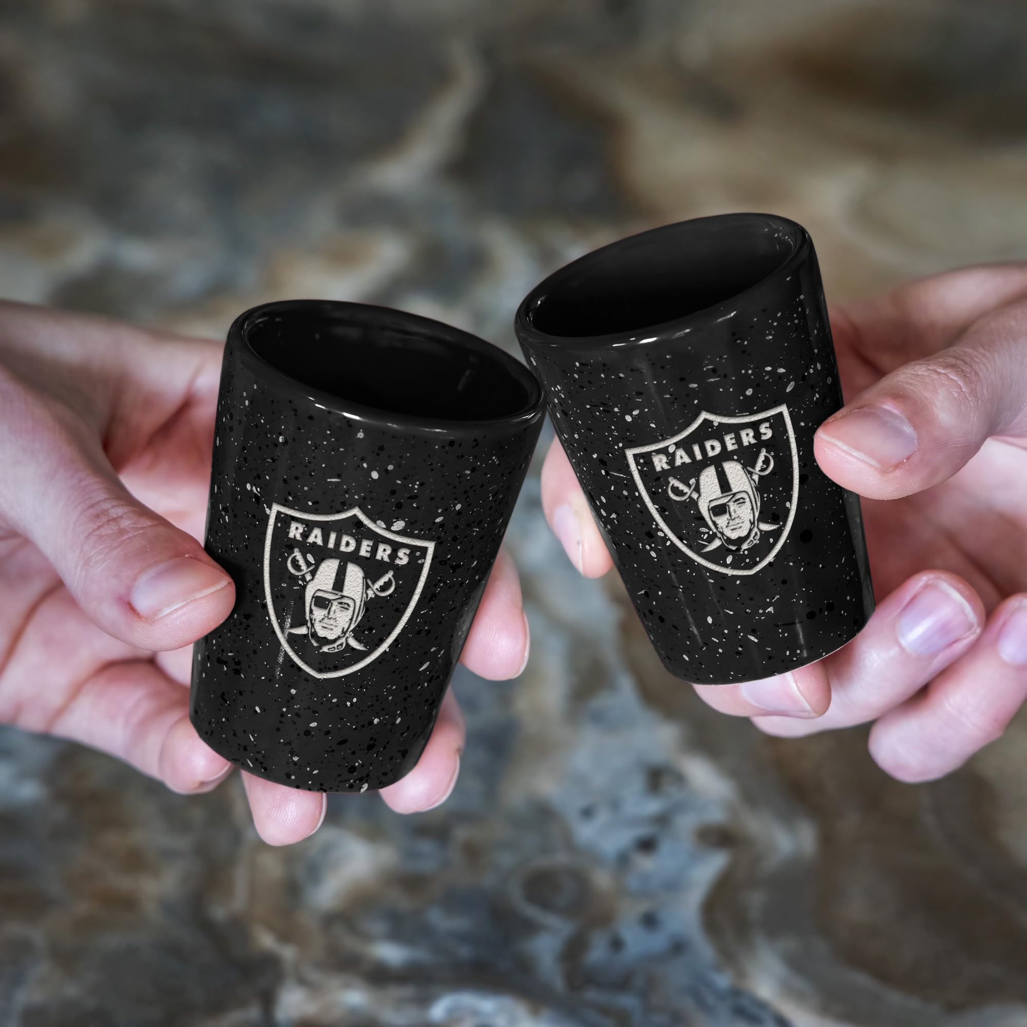 Rico Industries NFL Football Primary OR Wordmark Logo 2oz Ceramic Shot Glass for Fans, Laser Engraved In Team Color Single Shot Glass