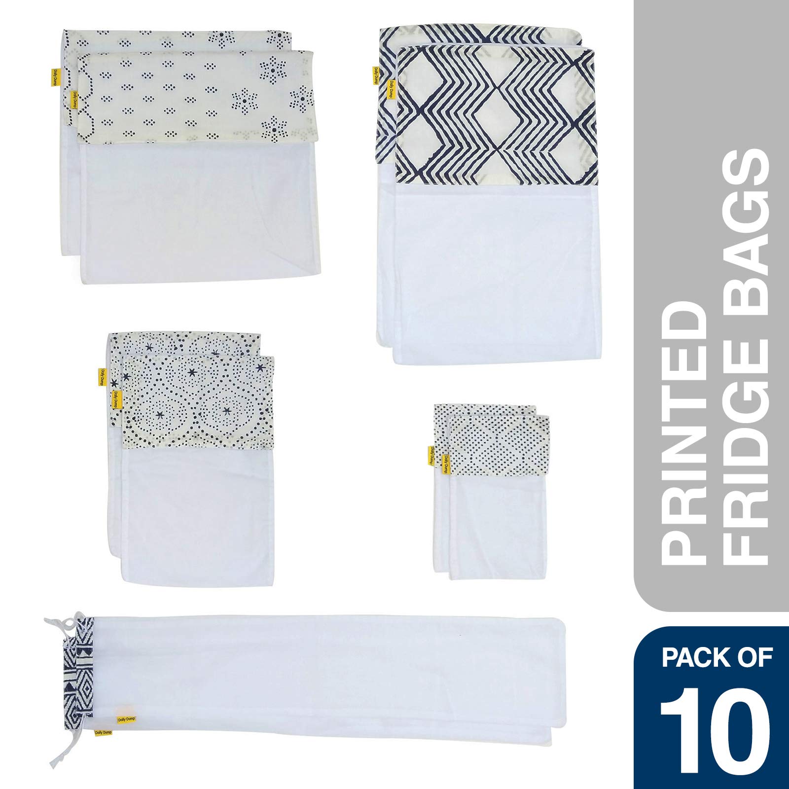 Daily Dump Reusable Cotton Fridge Storage Bags Printed - Pack of 10