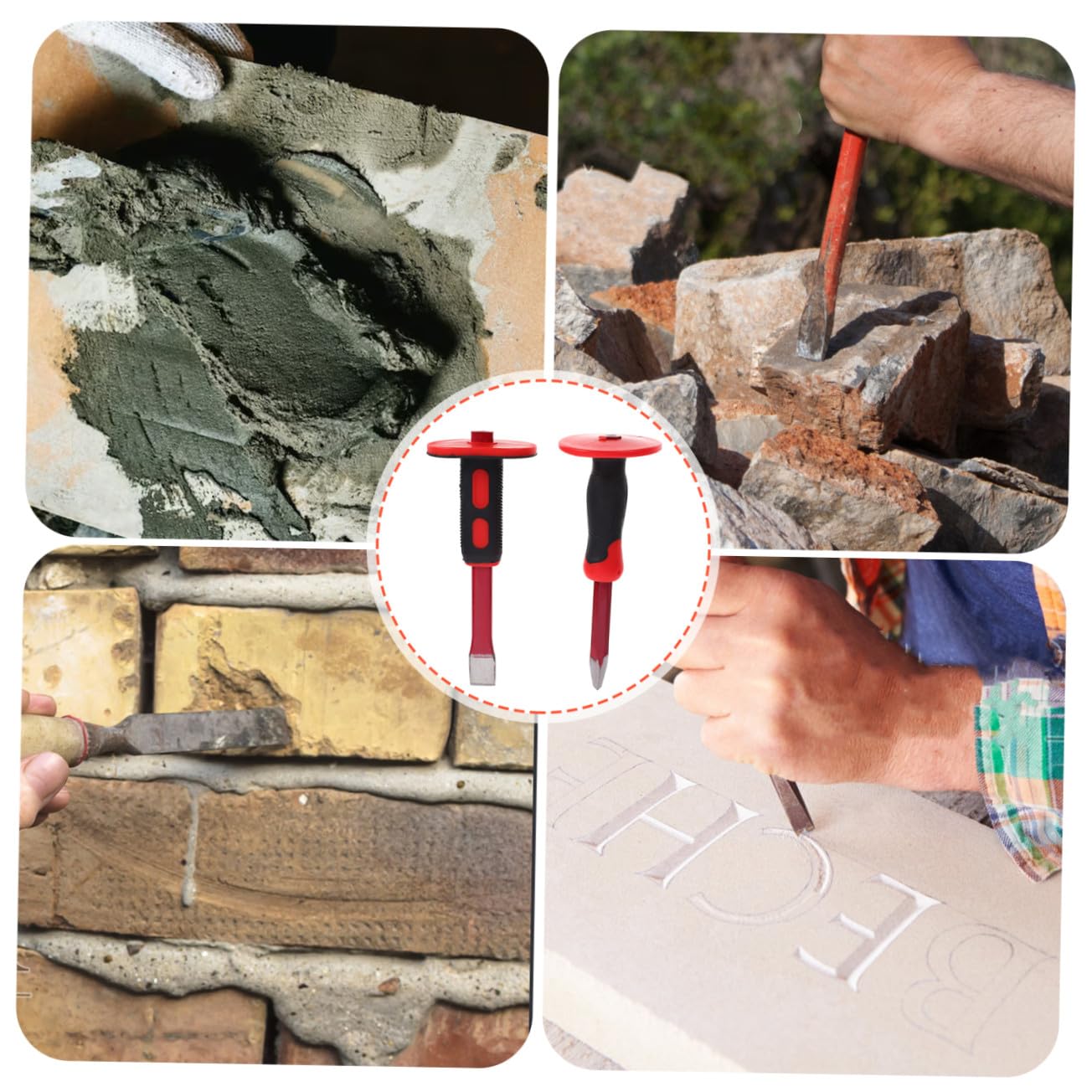 HOMSFOU Set di Scalpelli da Roccia a Freddo in Acciaio al Cromo Vanadio Temprato Protezione in Gomma, Impugnatura Antiscivolo, per Demolizione, Intaglio e Lavori su Calcestruzzo, 2
