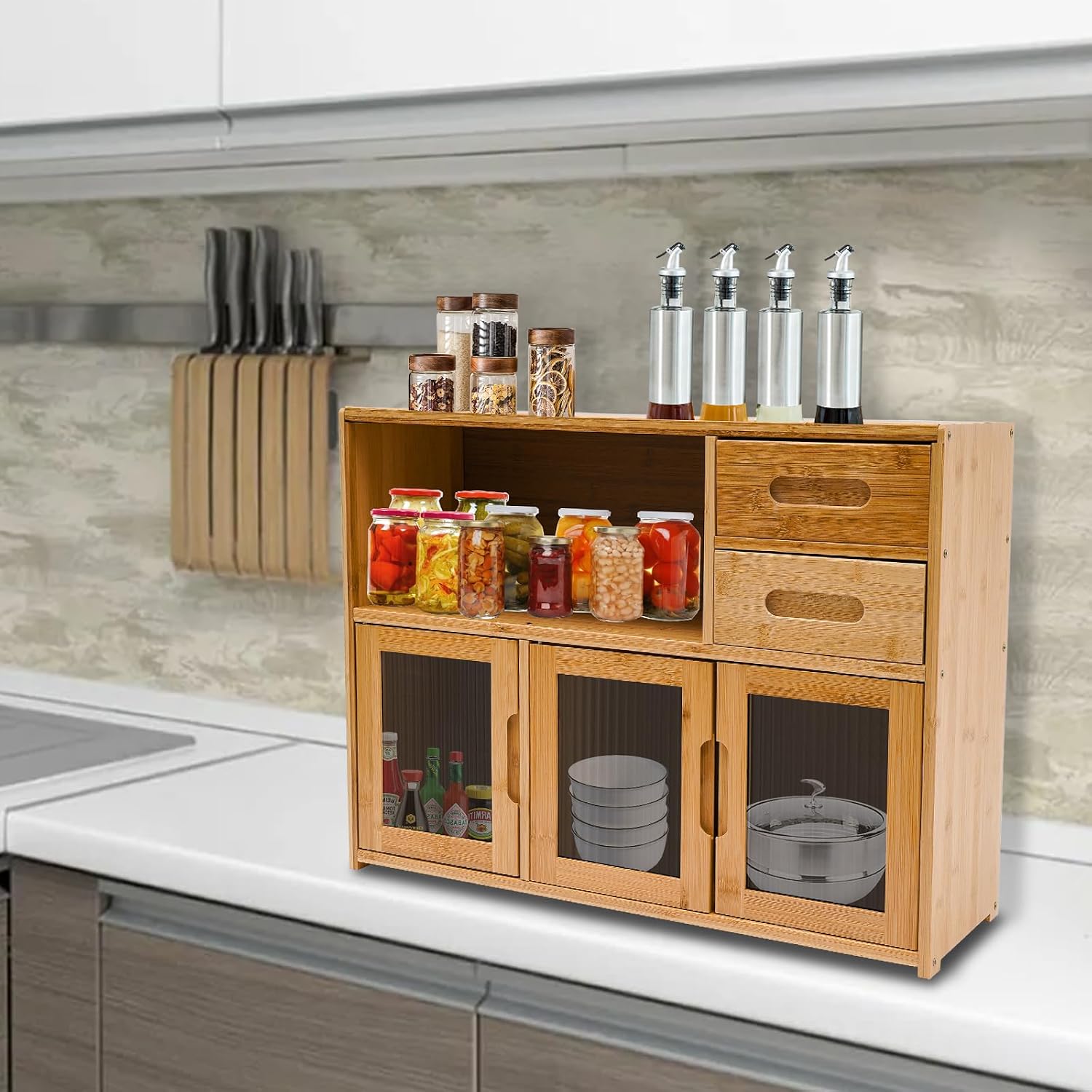 Wall Mounted Kitchen Pantry Sideboard with 3 Doors, Coffee Wine Bar Storage Cabinet for Liquor and Glasses, for Kitchen, Dining Room, Hallway, Spice Seasoning Bottle, Dish, 24.4*9*18.9in