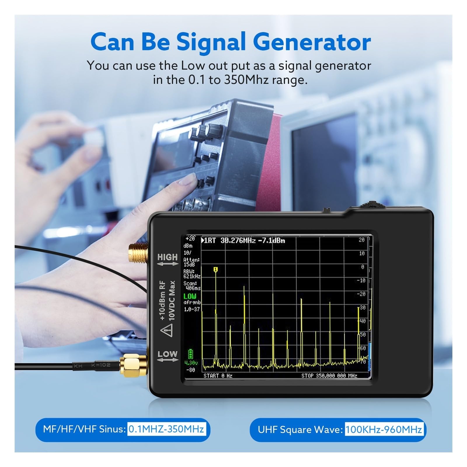 Analizator sieci bezprzewodowej Ręczny analizator widma, wyświetlacz 2,8 cala, 100 kHz do 960 MHz, wersja zabezpieczona ESD V0.3.1_E Analiza siły sygnału
