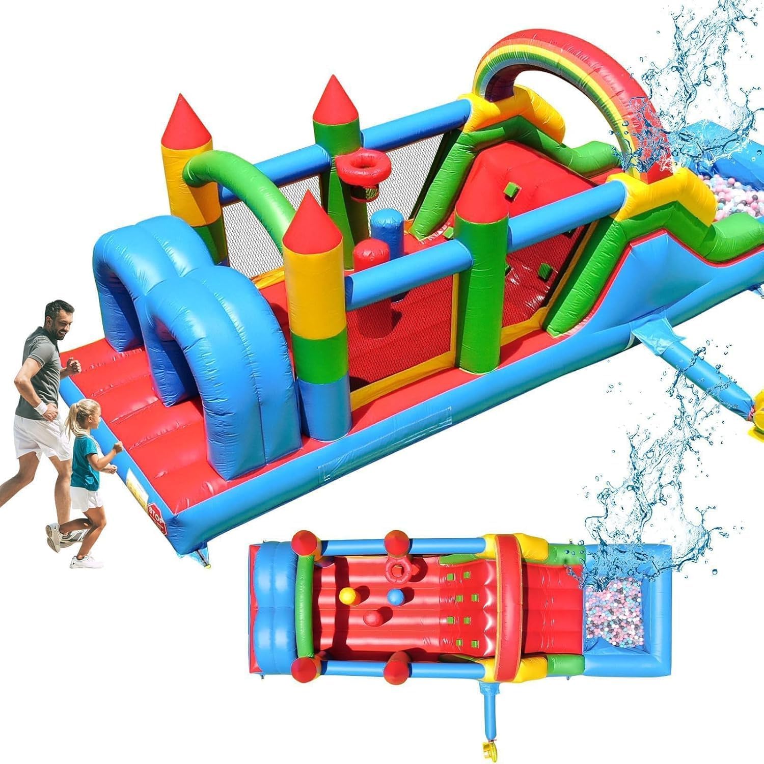 25FT Commercial Grade Bounce House for Adult, (Heavy Duty PVC)(1100W UL Blower) Inflatable Obstacle Course, with Water Slide, Splash Water Pool Ball Pit, Large Backyard Lawn Party Game
