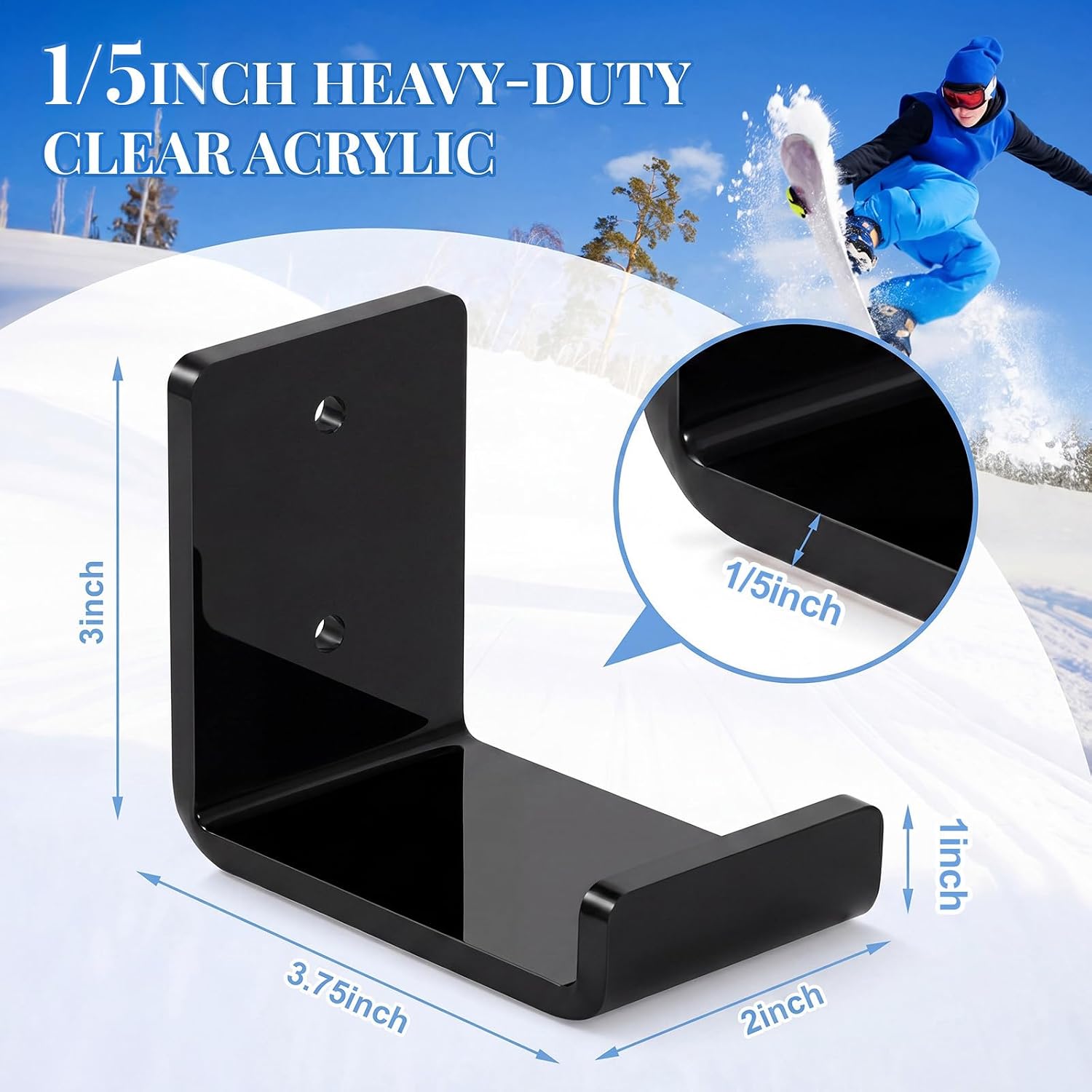 Novabright 1 Pair Acrylic Skateboard Wall Mount Hanger | Snowboard Display Rack, Horizontal Skateboard Holder Ski Wall Mount Storage Hanger for Room, Garage, Home, Black Finish