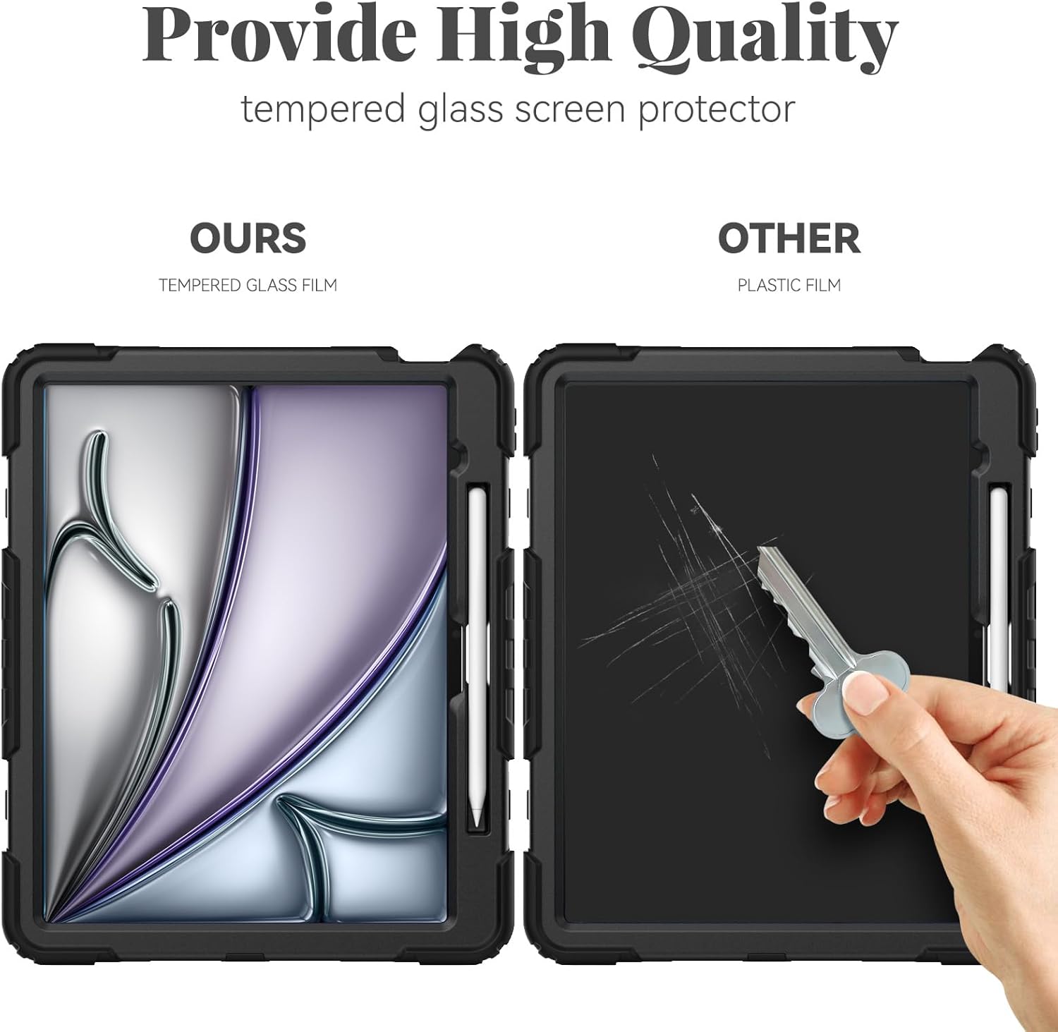 BLOSOMEET Protective Case for iPad Air 13 Inch M3 2025 & M2 2024 with Tempered Glass Screen Protector & Pencil Holder,Rugged Construction iPad Air 13 Cover with Stand Hand Shoulder Strap (Black)