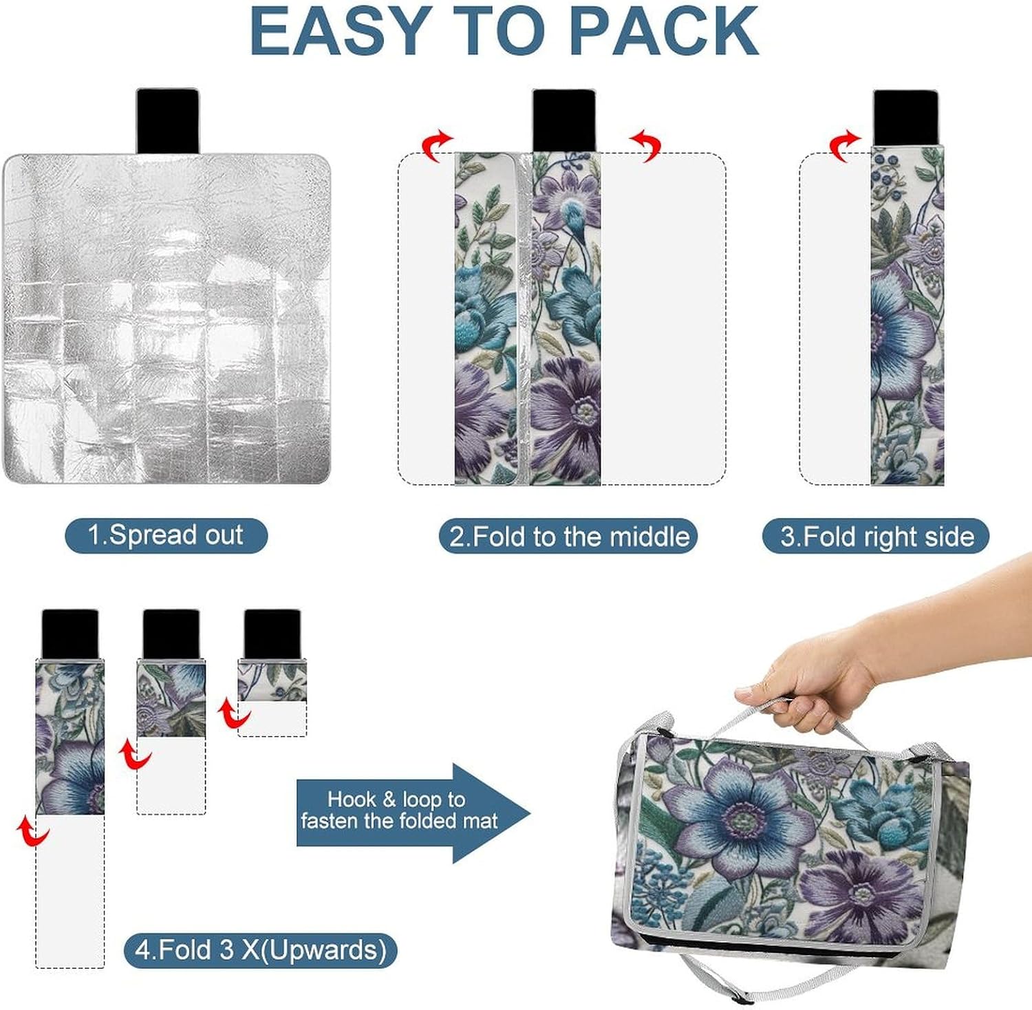 Outdoor Picnic Blanket Extra Large Beach Blanket Waterproof Picnic Mat Blue Purple Flowers Camping Blanket Portable with Carry Strap Park Blanket for Grass Camping Park