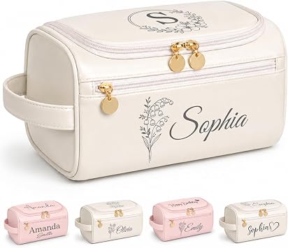 PUREFLY Personalized Makeup Bag for Bridesmaid Gifts, Custom Toiletry Bag with Name & Birth Flower, Water Resistant Travel PU Cosmetic Bags, Bridal Shower Wedding Birthday Gift for Women Girls