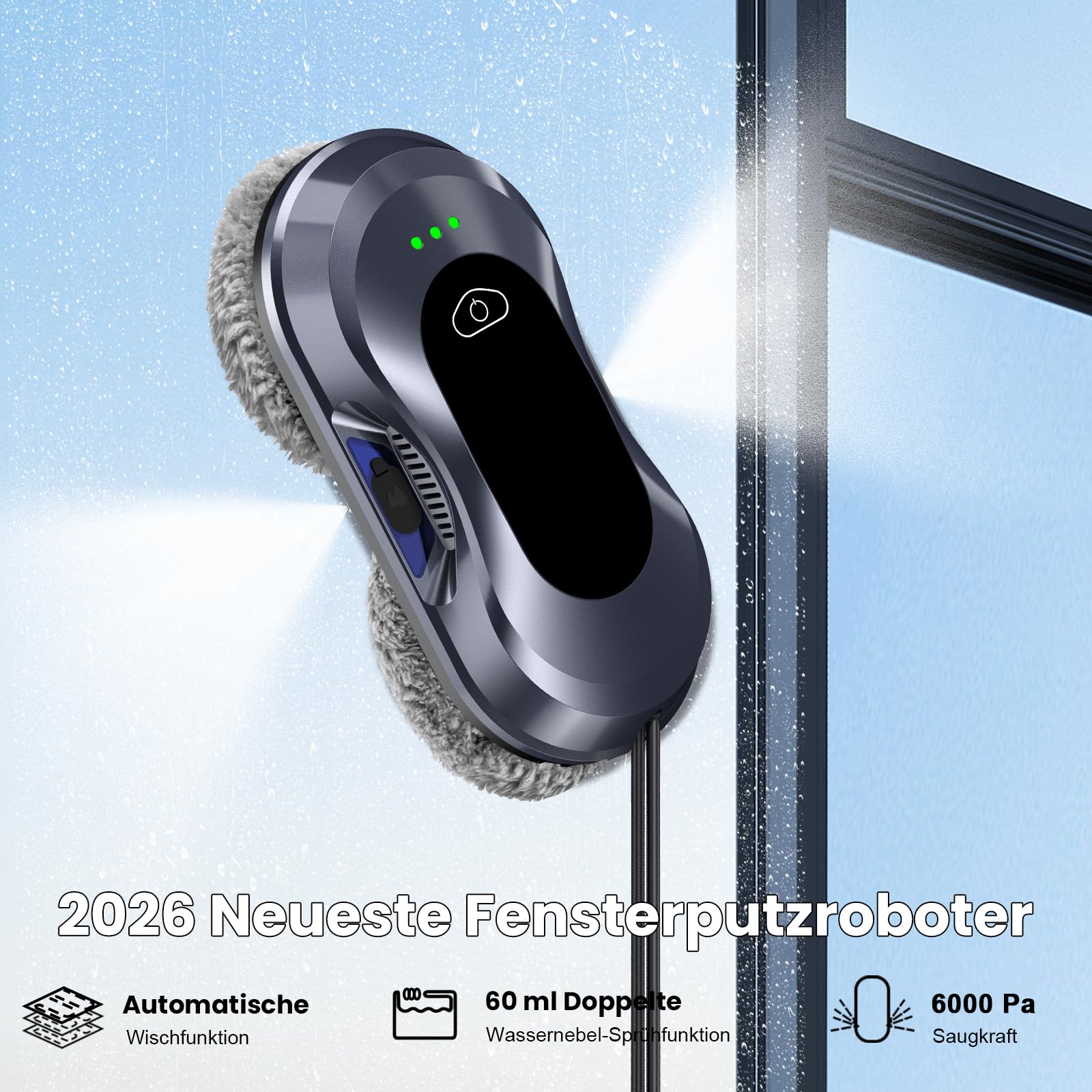 Keero Fensterputzroboter 2026 Neuheit, 6000Pa, Doppeldüsen-Sprühfunktion, <65dB, Sicherheitssystem, Intelligente Navigation, 10 Reinigungstücher, Für Fenster/Fliesen zu Hause (W22D)