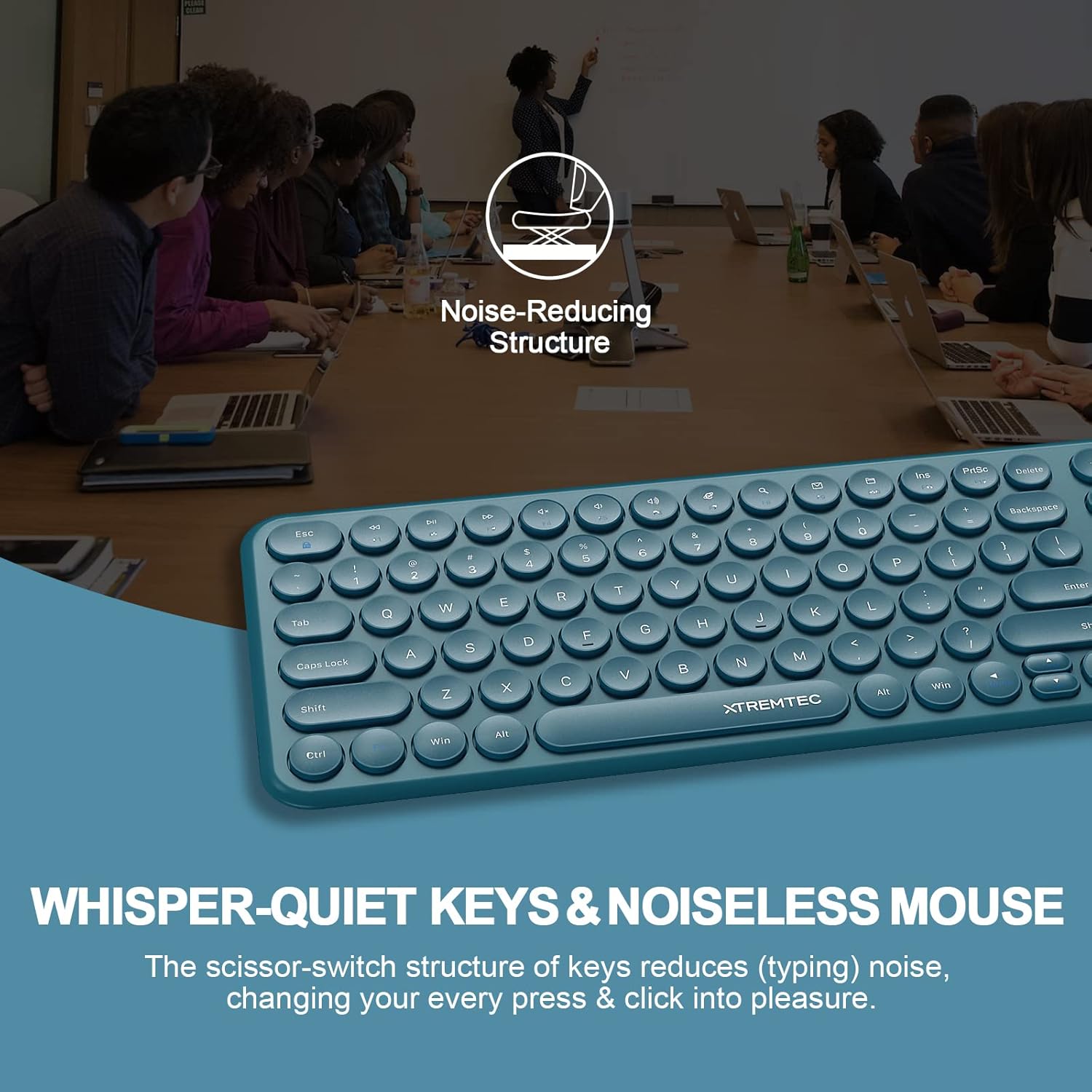 XTREMTEC keyboard and mouse in a meeting setting, highlighting noise-reducing structure.