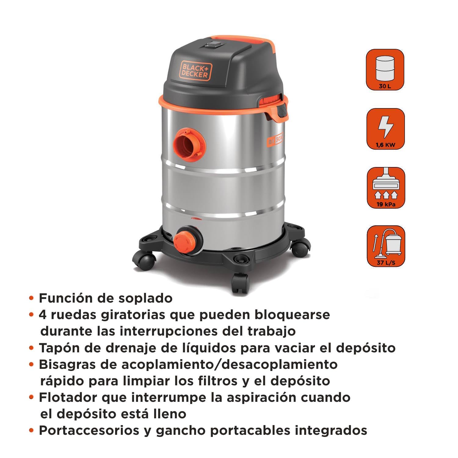 Black+Decker BXVC30XDE Aspirador Multiuso de sólidos y líquidos (1600 W, 30 L, Acero INOX)