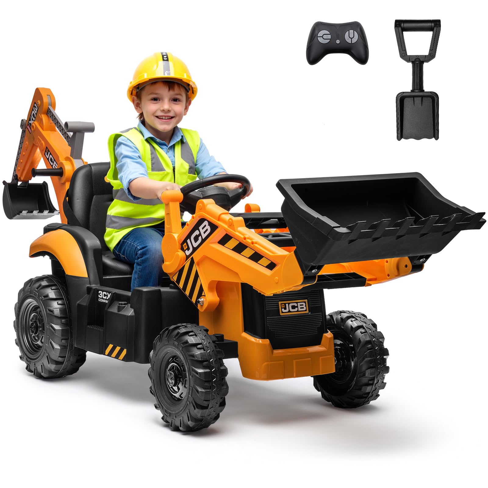 First Ride On JCB 3CX Licensed 24V Excavator Ride On Toys for Kids, Backhoe Digger Toy with Reversible Seat, Removable Front & Rear Arms, Remote Control, Electric Construction Car for Boys Girls (24V)