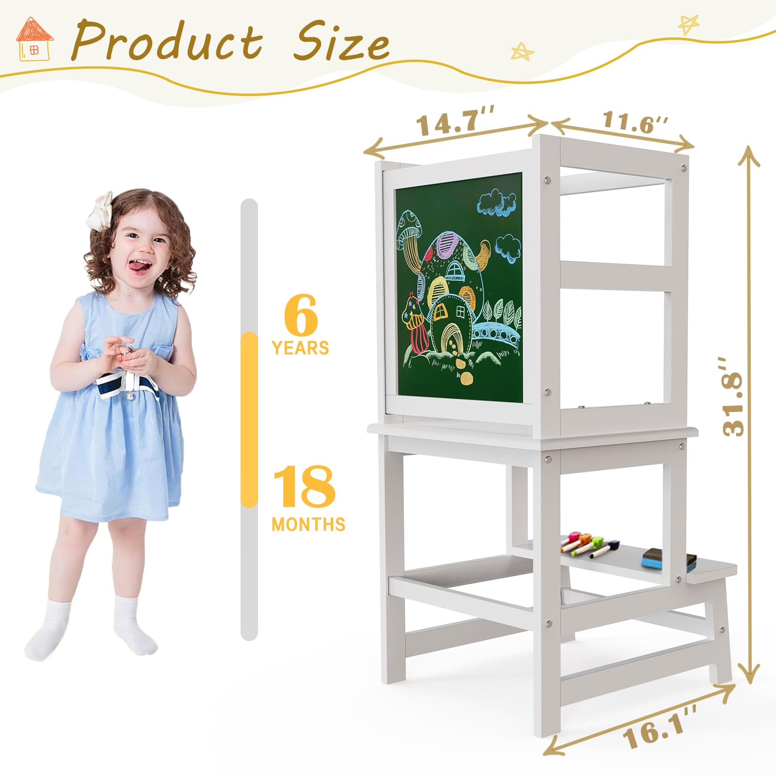 Step Stool for Kids, Kitchen Step Stool with Chalkboard & Safety Rail for Toddlers 18 Months and Olde
