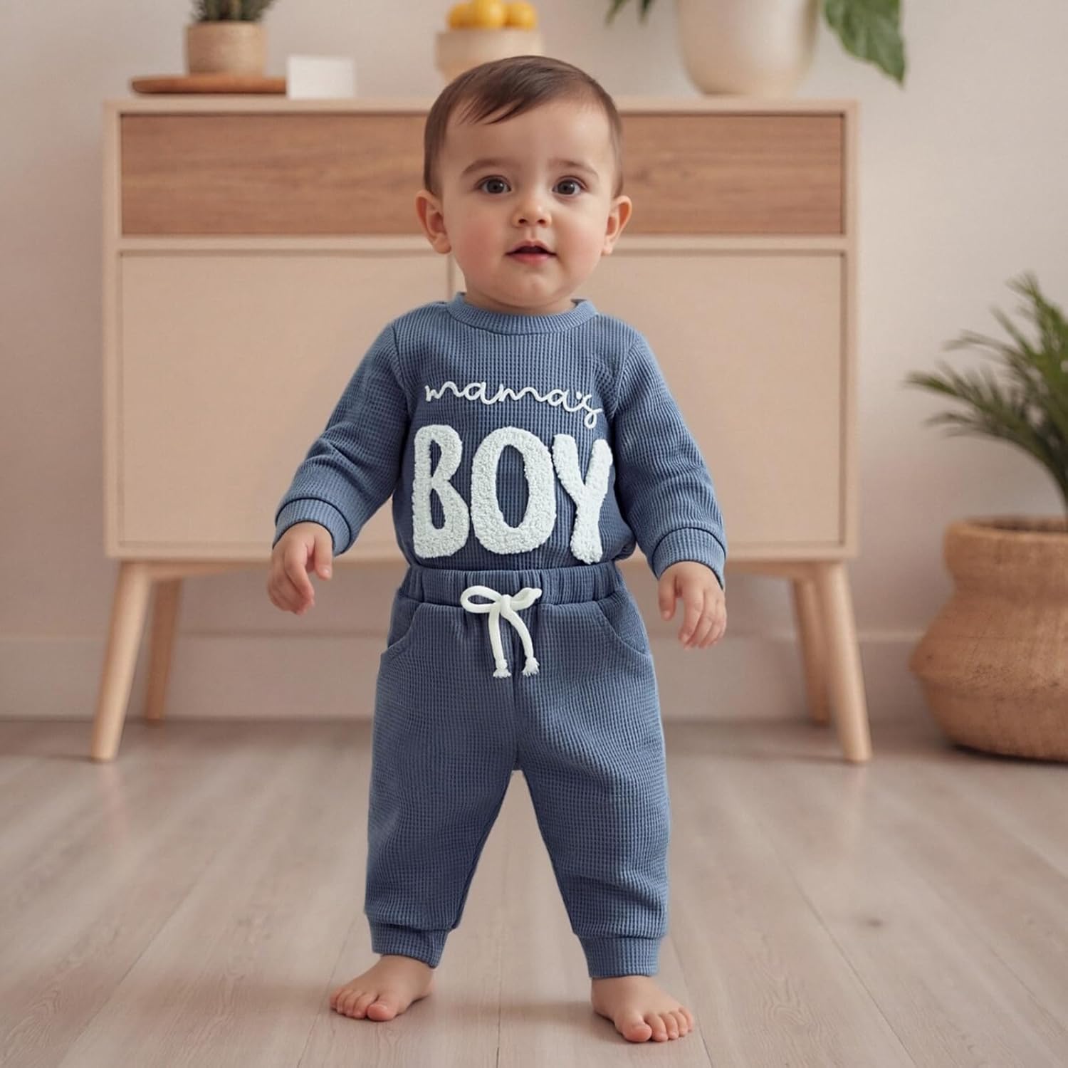 allshope Newborn Baby Boy Fall Outfits Set Romper Little Brother Lil Bro Embroidery Jumpsuits Pants Infant Waffle Clothes - Image 2