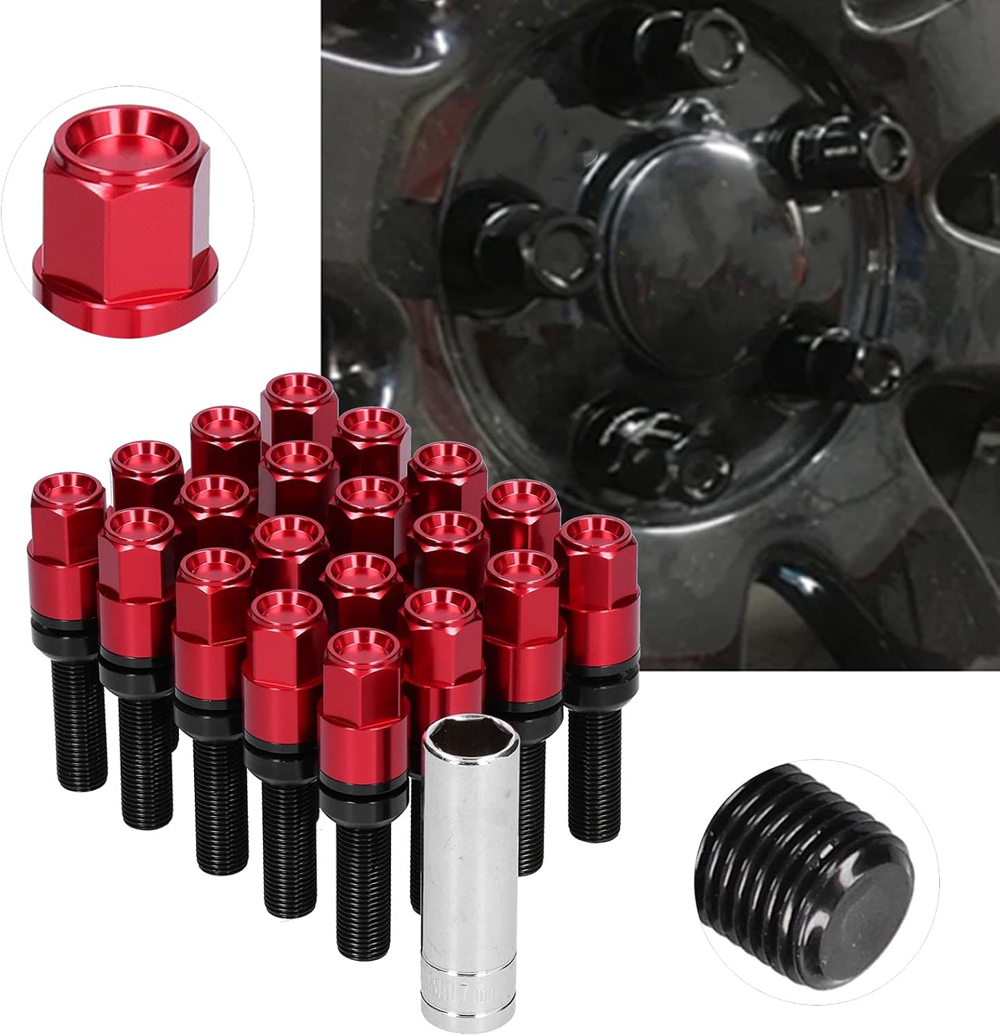 Qiilu Extended Lug Bolts, 20pcs Steel Extended M12x1.25 28mm Thread with Sleeve Universal for Car (Red)