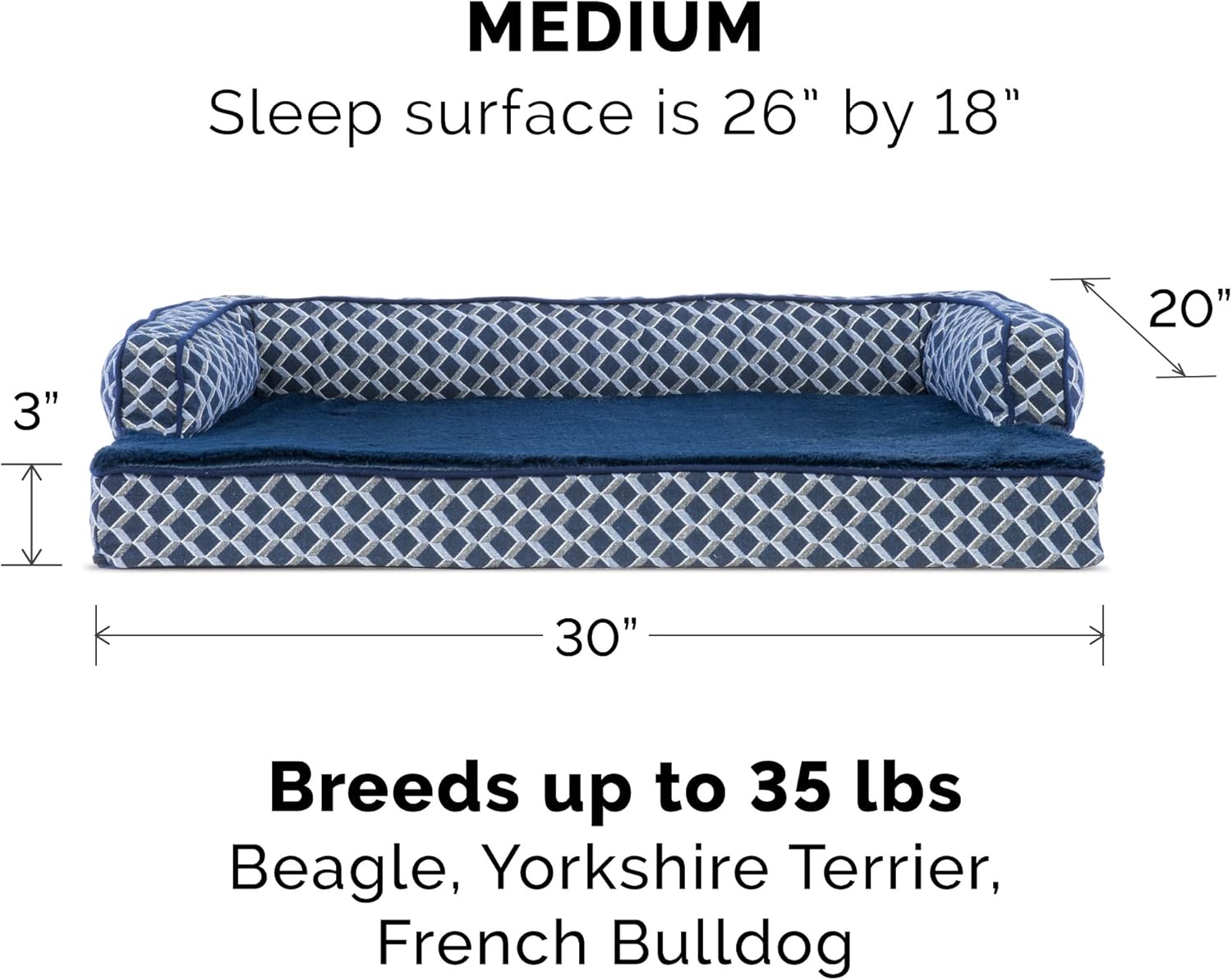 Furhaven Cooling Gel Dog Bed for Medium/Small Dogs w/ Removable Bolsters & Washable Cover, For Dogs Up to 35 lbs - Plush & Woven Decor Comfy Couch Sofa - Diamond Blue, Medium