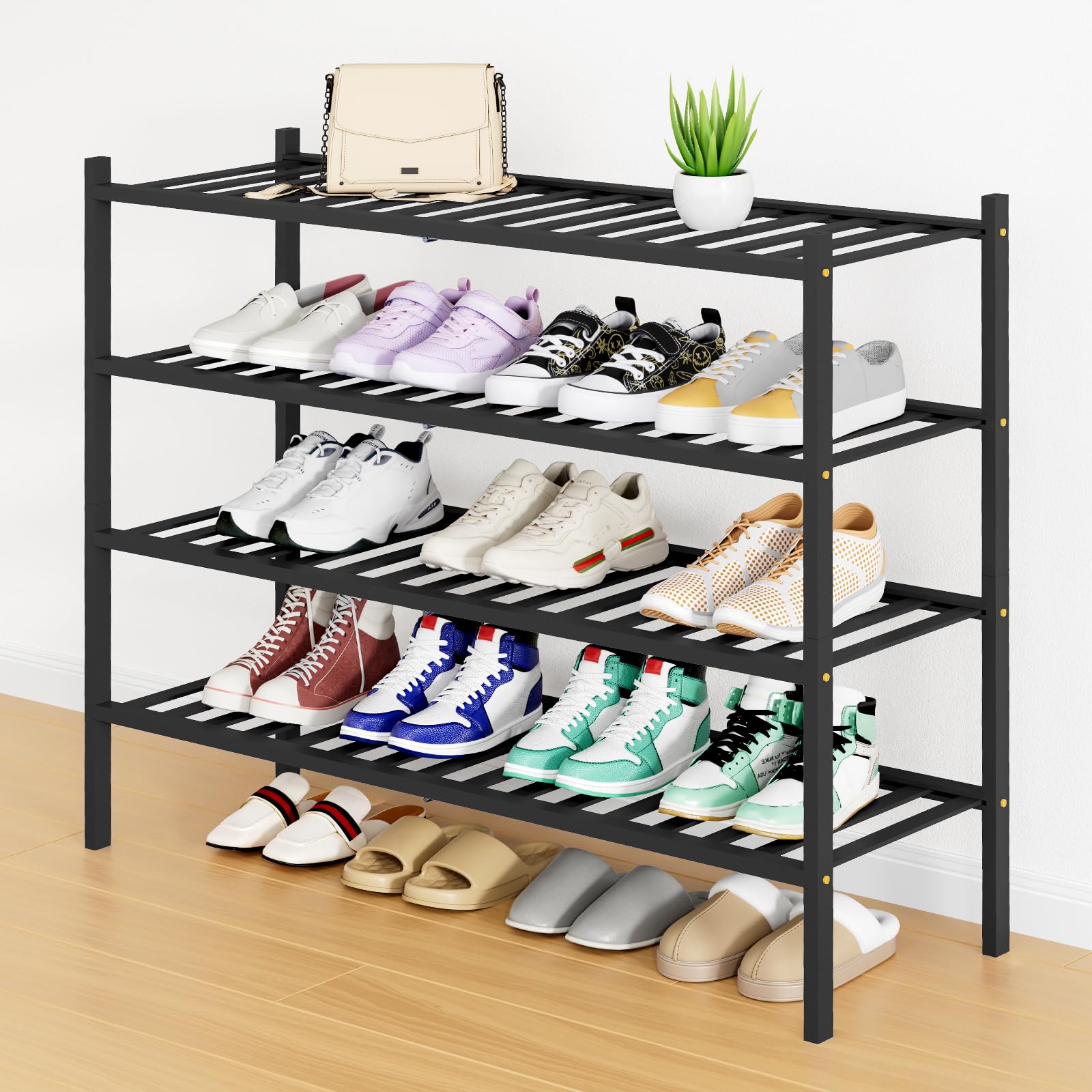 Smiry Bamboo Shoe Rack, 16 Vertical Slats, 4 Tier - 33.7" Wide, Black
