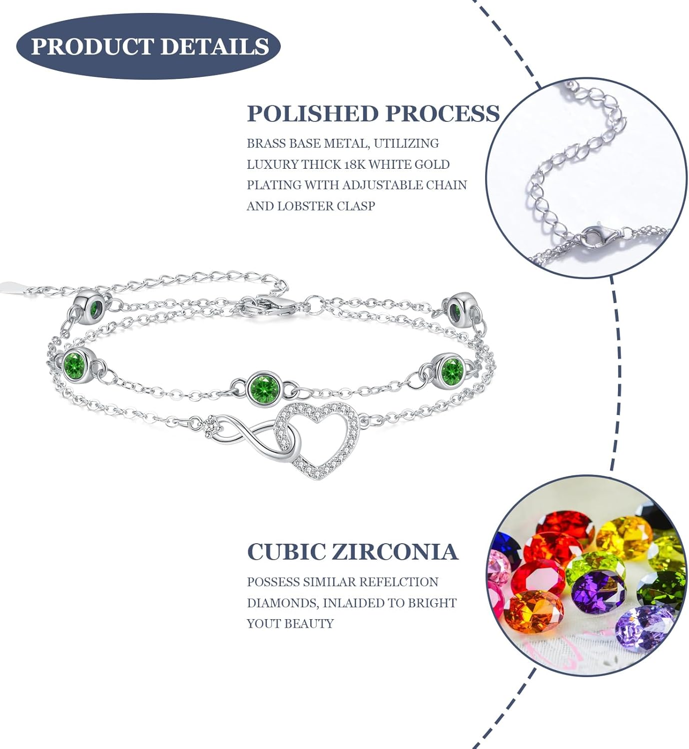 Infinity Bracelet for Women, Silver Cubic Zirconia Bracelets Adjustable Layered Bracelets Forever Love Jewelry Gifts for Her Mom Wife Girlfriend Birthday Anniversary Wedding Bride Friend, Emerald - Image 2