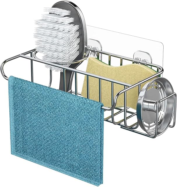 Kitchen Sink Tidy Caddy, 4 in 1 Sponge Holder Sink Tidy Organiser for Sponges Washing Up Kitchen Brush Wash Up Liquid and Sink Stopper Wall Mounted/Hanging for Kitchen Accessories, 18.5 * 11 * 6.7cm