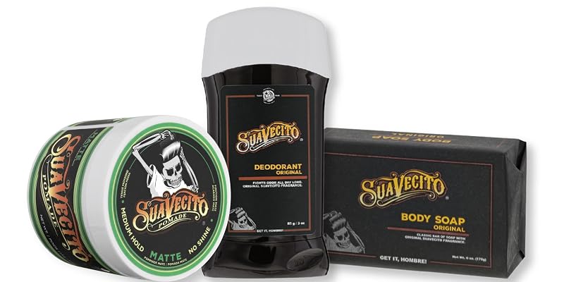 Suavecito Pomade Signature Scent Essentials Bundle com pomada para cabelo, desodorante sem alumínio e sabonete corporal