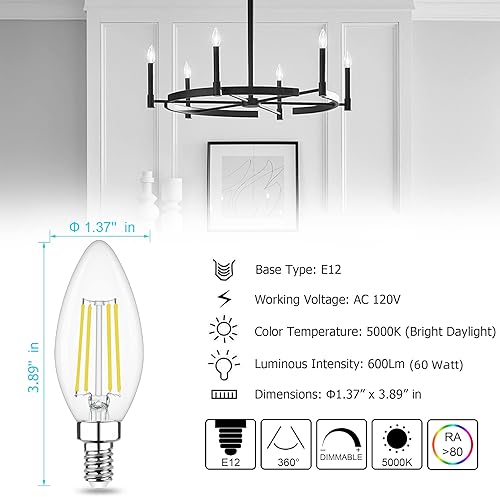 Miniatura 3 de Cotanic Bombilla LED regulable E12 para candelabro, 5000 K, equivalente a 60 W, luz de ventilador de techo, vela tipo B C35, candelabro de cristal