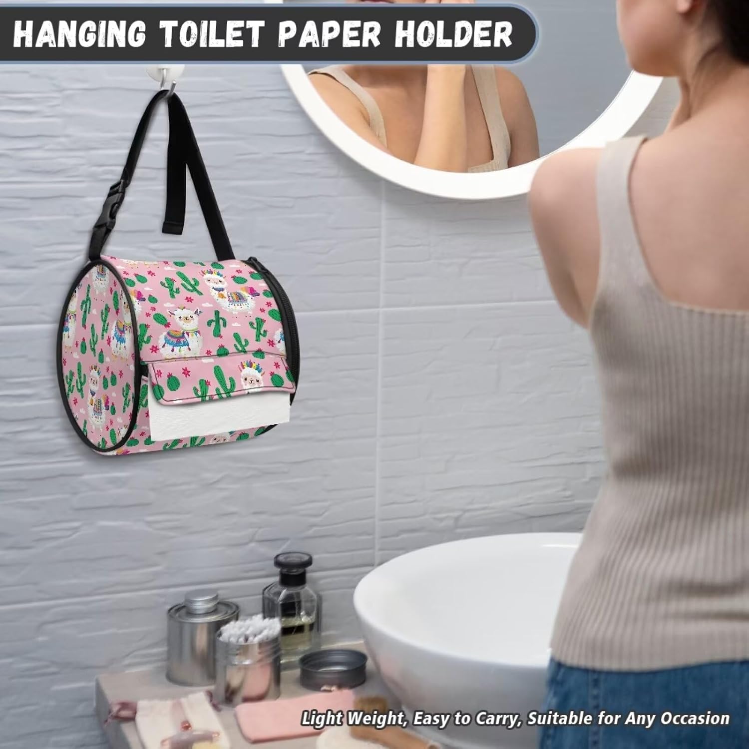 Sheep Cactus Pattern Camping Toilet Paper Pack Retro Bathroom Round Rolls Adjustable Shoulder Strap Portable Catproof Toilet Paper Bag Suitable for Women's Vanity Gifts for Women Friend