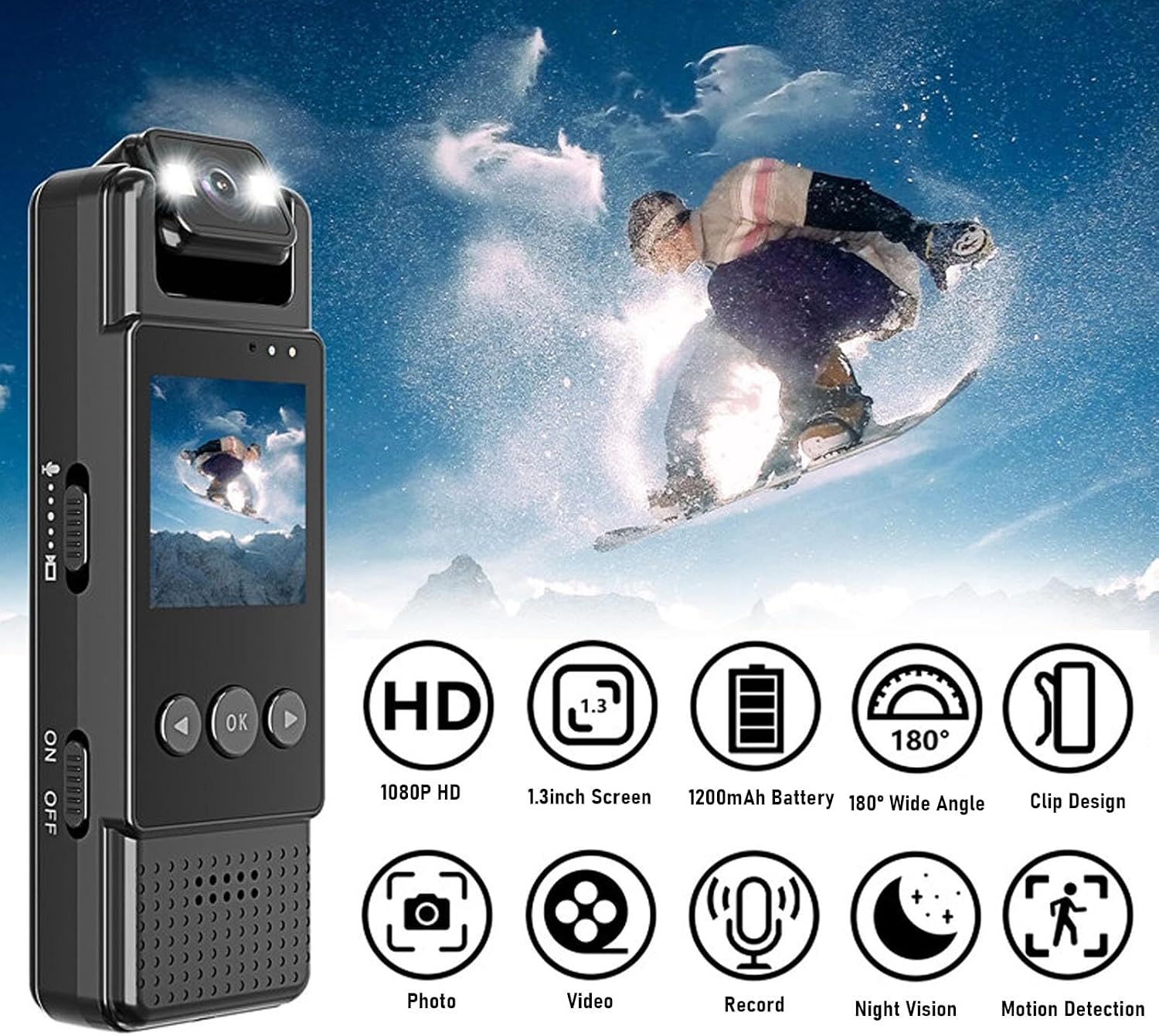 Zopsc Portable Video Recorder, 1.3in LCD Wearable Camera, 180° Rotatable Lens, Back Clip Motion Detection for Outdoor Cycling Camping