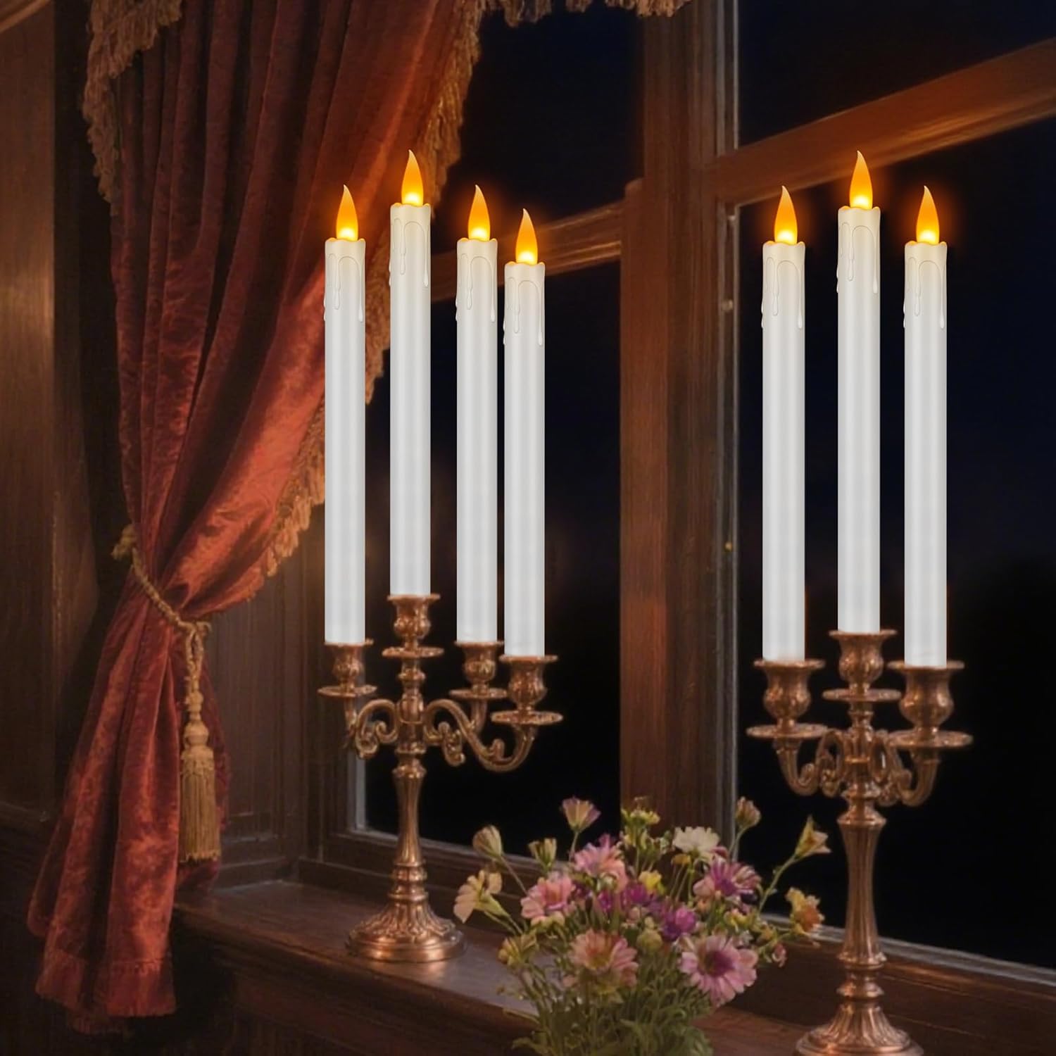 wemarry 12 Pcs Flickering Flameless Taper Candles, 10" Fake Taper Candles Battery Operated with Timer, Long Lasting-White Electric Led Candlesticks for Xmas Halloween Wedding Home Décor