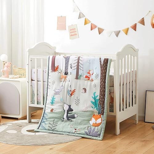 Miniatura 7 de beeweed 3-Piece Crib Bedding Set for Boys Girls Soft Baby Bedding Set Including Blanket Crib Skirt  Crib Sheets Woodland Animal Nursery Bedding Set