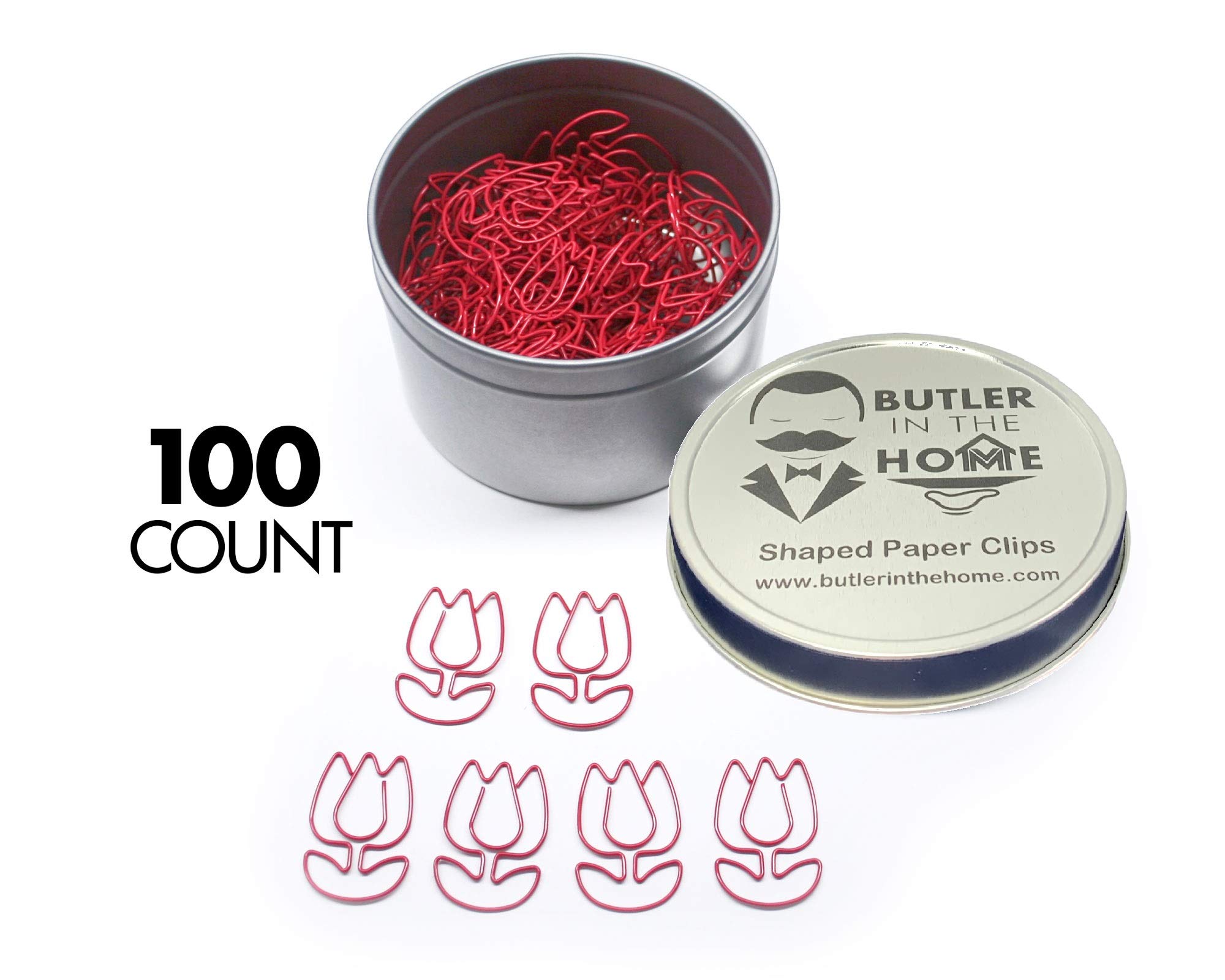 Butler in the Home Tulip Flower Shaped Paper Clips Great for Paper Clip Collectors or Office Gift - Comes in Round Tin with Lid and Gift Box (100
