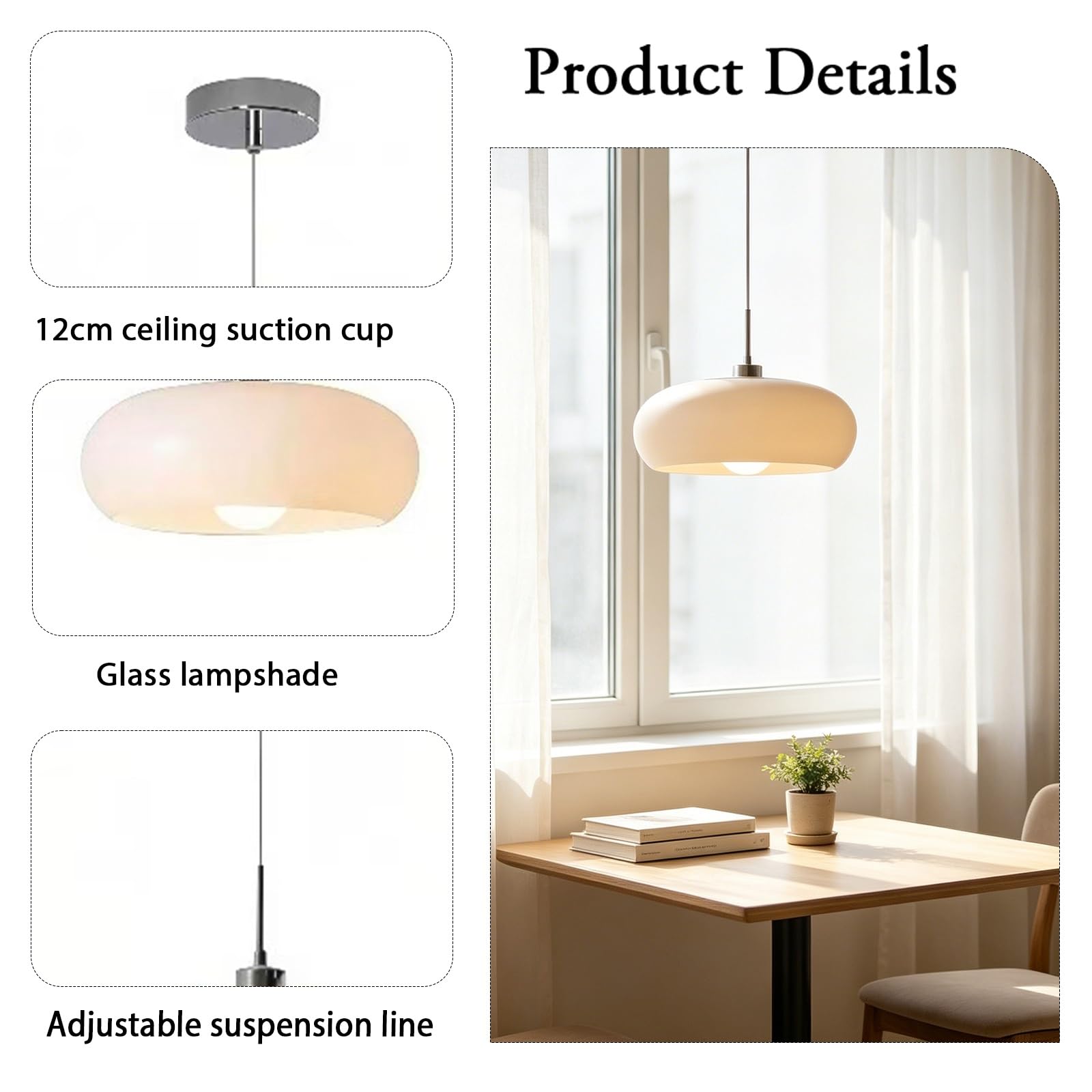 Moderne schmiedeeiserne Pendelleuchte mit Glasschirm, Hängelampe, höhenverstellbar, dreifarbige Aufhängung, milchig-weiß-orangefarbener Schirm, variable Kabellänge for Flur-Esszimmer(White)