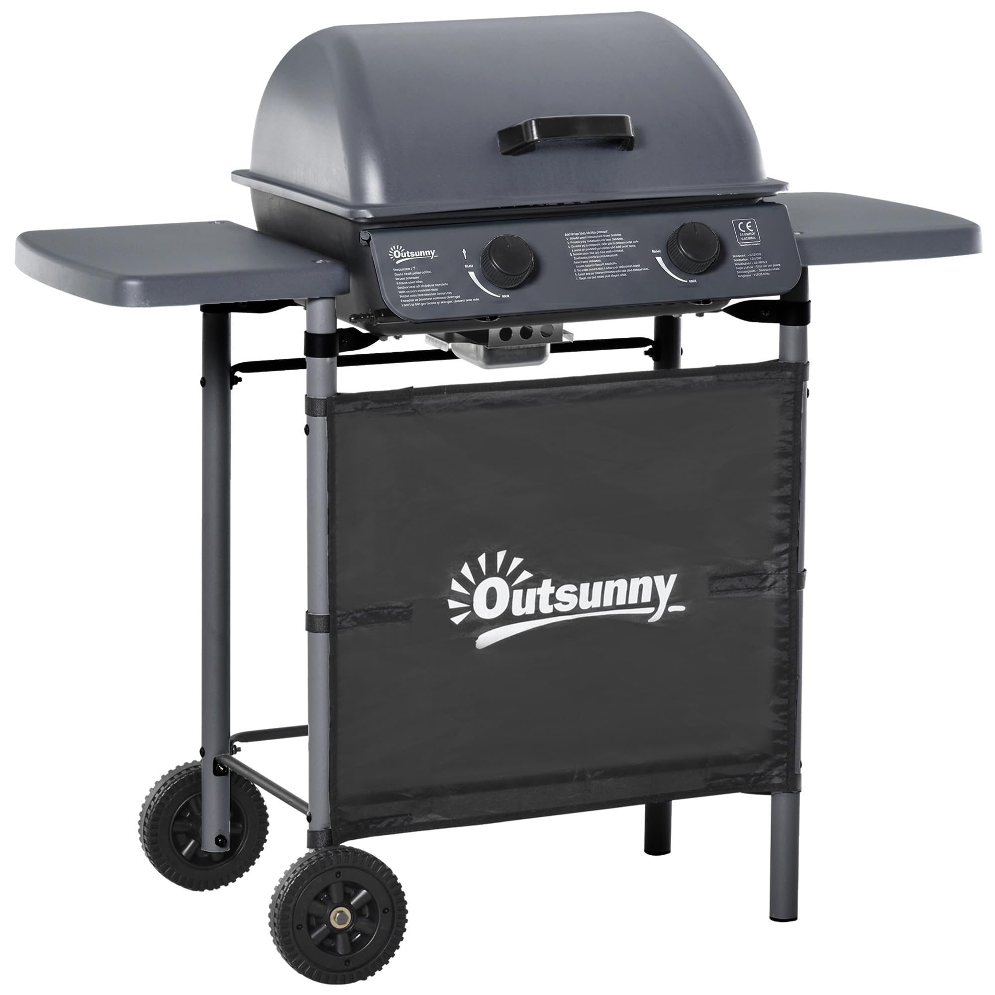 Outsunny 2 Burner Gas BBQ Trolley with Lid, 5.6 kW Gas Barbecue Grill with Wheels, Side Shelves, Grey