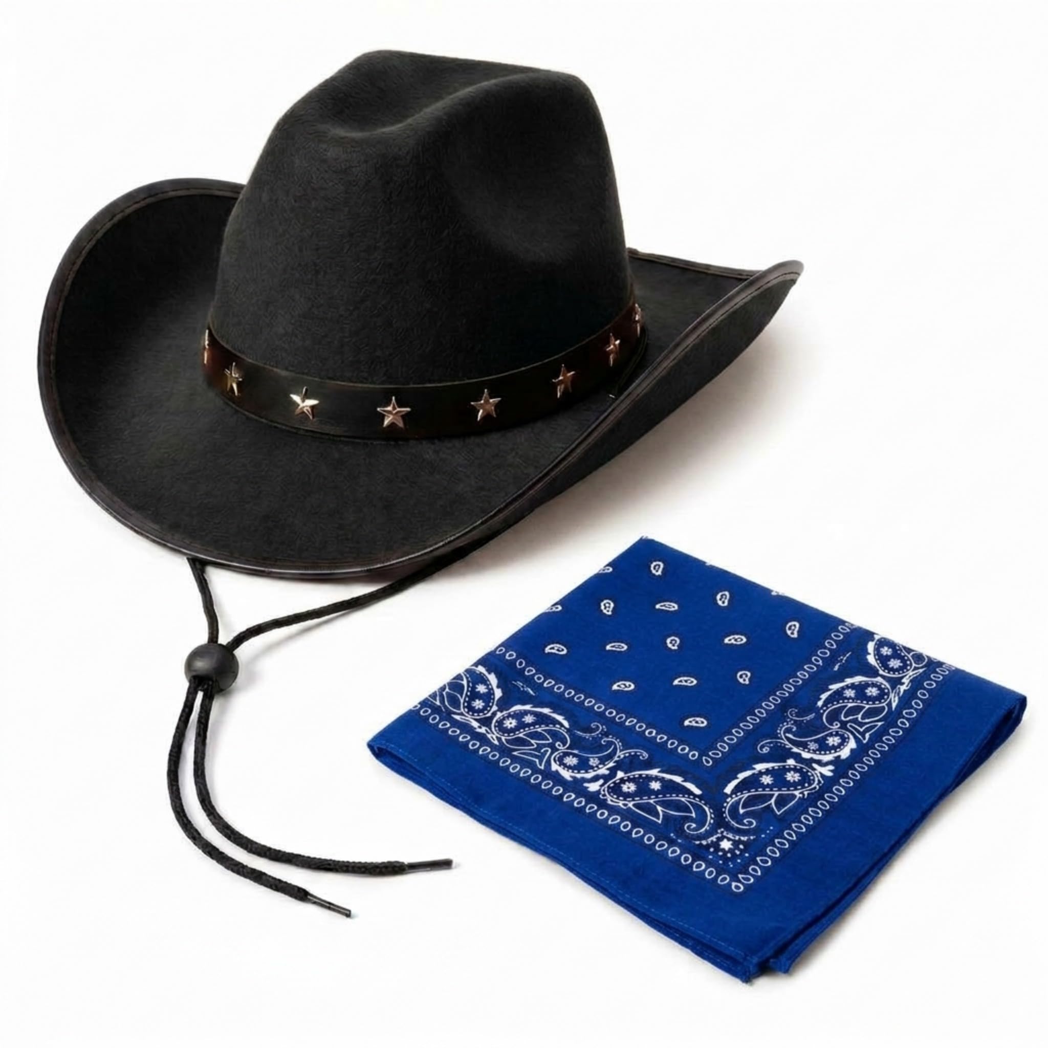 2pc Black Cowboy Hat and Bandana Set - Black Cow Boy Hat with Star Studs and Western Cowboy Neckerchief for Wild West Fancy Dress - Adult Cow Boy Accessories for Country and Western (Blue)
