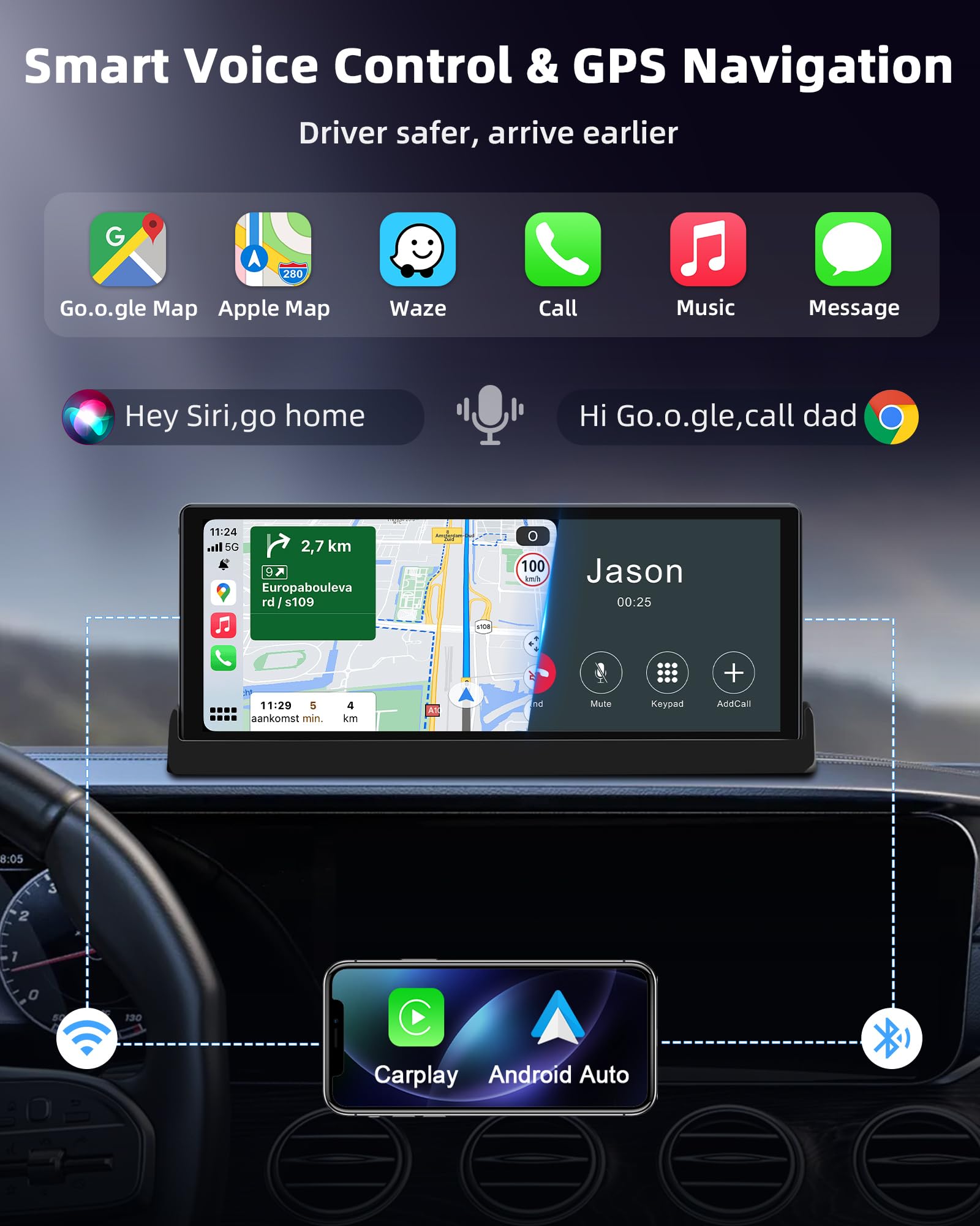 2026 Unique Pantalla Carplay Coche Android Auto Pantalla con Soporte Base, 10,26 Pulgadas Radio Coche Android Auto con Super Link Actualización OTA Apple Carplay Navegación GPS Siri/Google