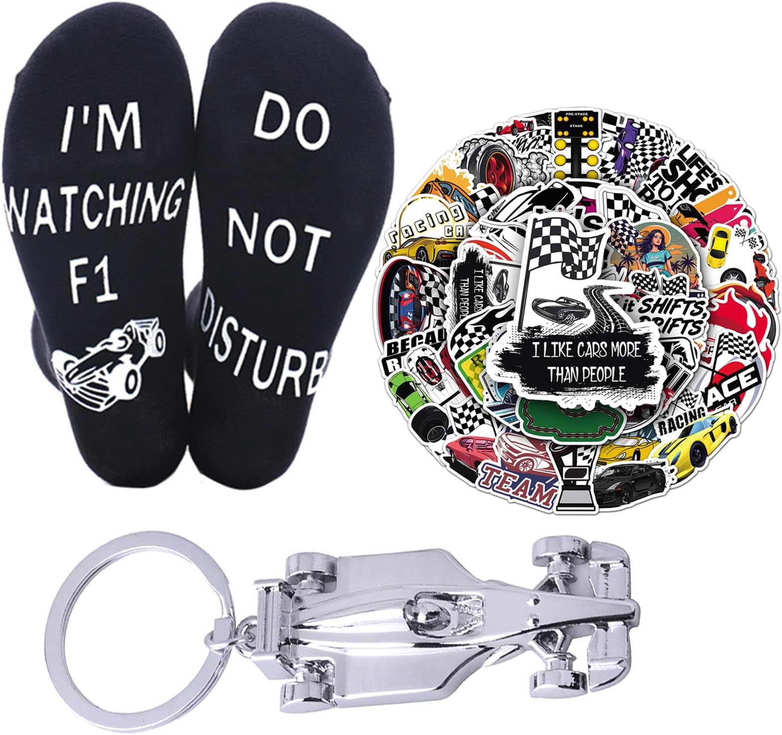 F1 Merch Gifts Set Including F1 Gift Socks 3D F1 Race Car KeyChain 50Pcs F1 Stickers Gifting for Father Husband Boyfriends