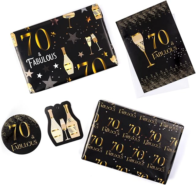 RUSPEPA Happy 70th Birthday Wrapping Paper Sheets Black Design Including Greeting Card and Gift Tags for Birthday Wishes - 2 Fold Flat Sheets