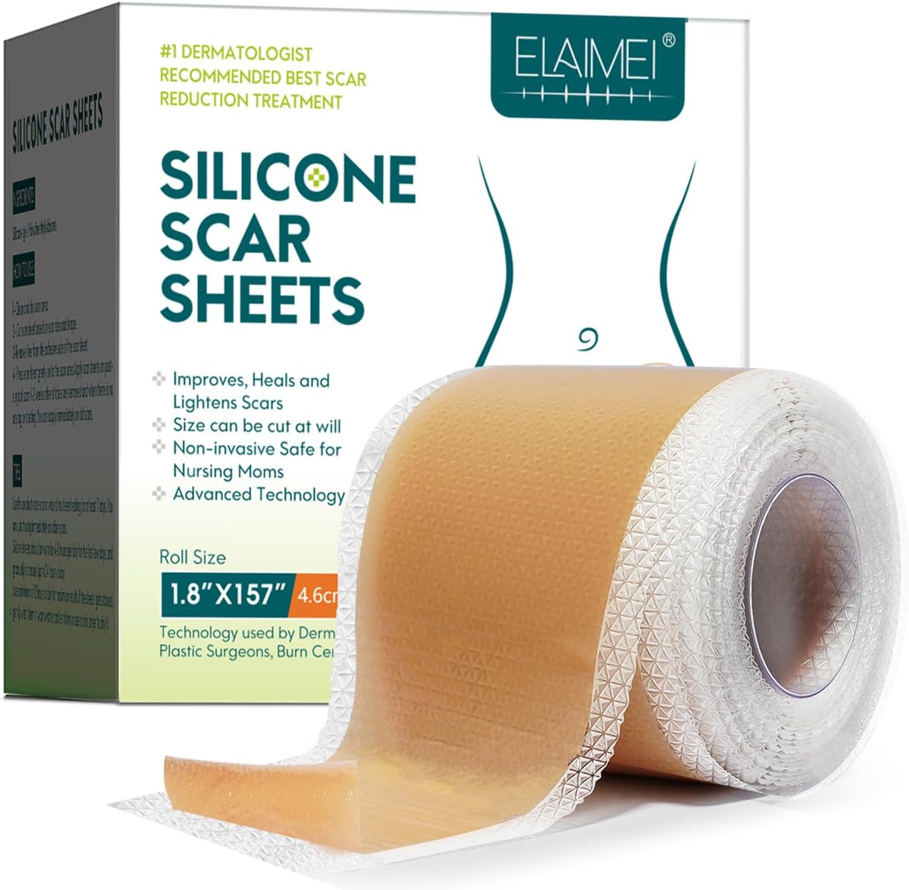 ZODENIS Scar Away Silicone Scar Sheets, Scar Tape(1.8” x 157”Inch- 4M), Scar Strips, Reusable, Professional Scar Remover for C-Section, Surgery, Keloid, Tummy Tuck, Scar Patch, Scar Pads.