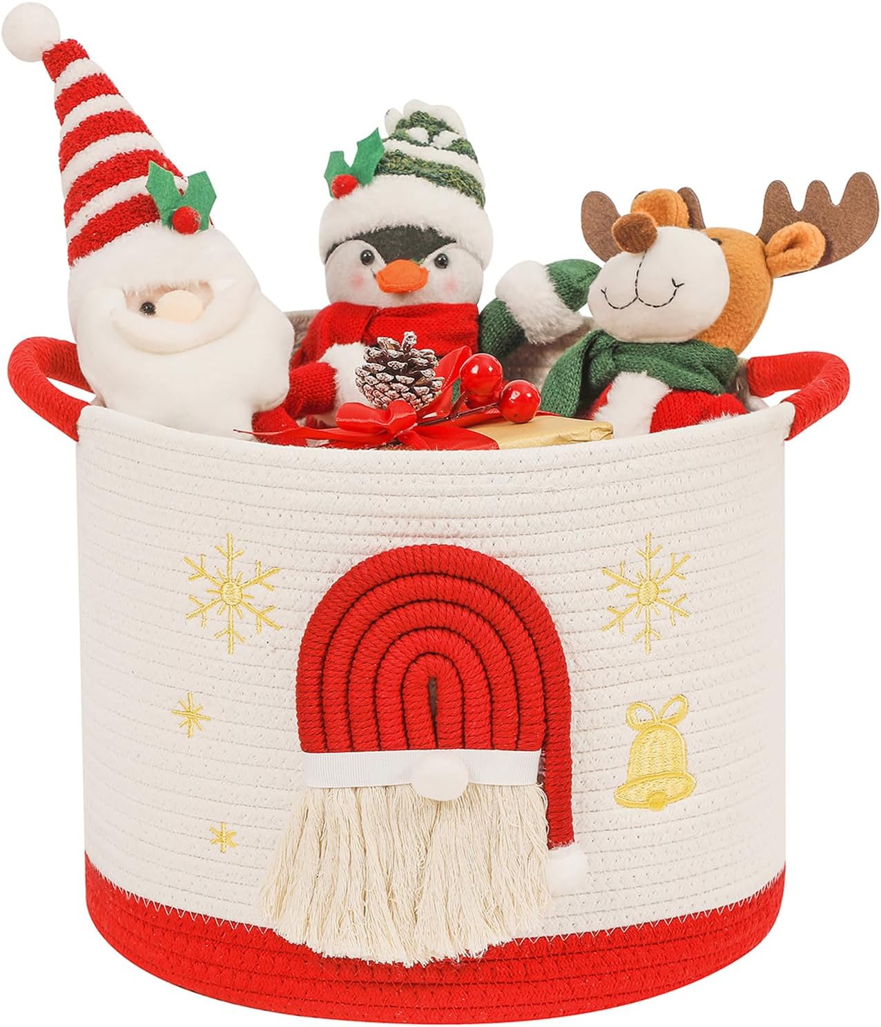 Christmas Basket Cotton Rope Blanket Storage Basket Large Christmas Buckets with Red Handle, Laundry Baskets with 3D Santa Claus Raffle Basket Holiday Baskets Empty for Gifts Decorative Winter Baskets