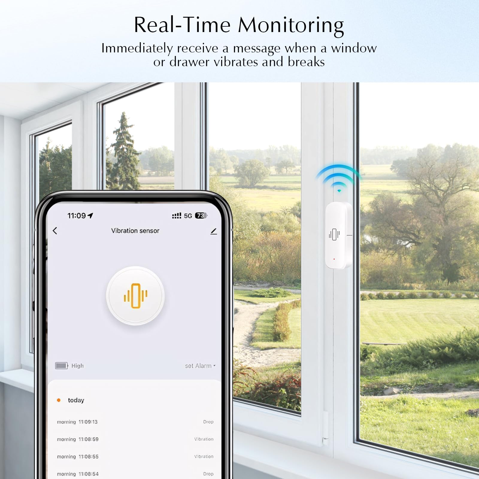 Sensore di vibrazione WiFi, sensori di allarme per finestre intelligenti, Tuya APP riceve notifiche da remoto con sensibilità regolabile, per allarme per porte di sicurezza finestre