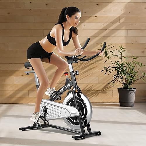 Miniatura 8 de GYMAX Bicicleta estacionaria para interiores, bicicleta cardiovascular con monitor LCD y sensor de frecuencia cardíaca, bicicleta de ejercicio