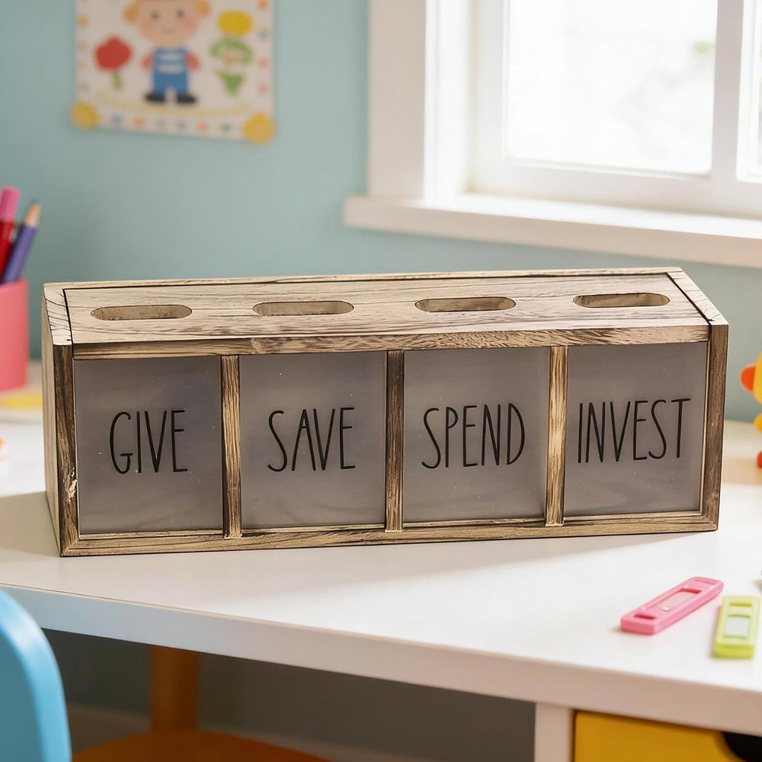 Wooden Give Save Spend and Invest Money Saving Box,Kids Piggy Bank,Rustic,with 4 Compartments Visualized for Laundry Room, Light Brown