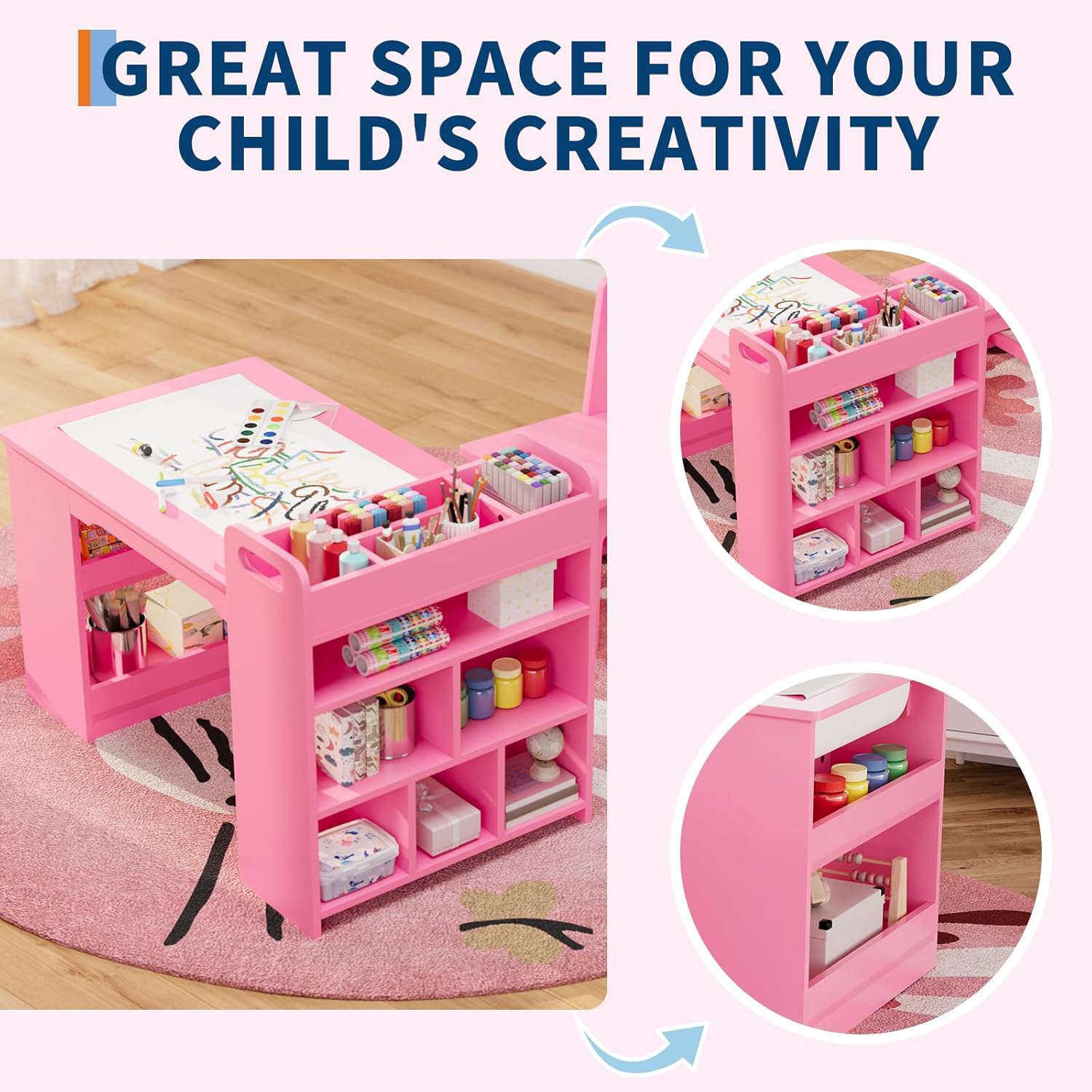 GarveeHome 49 in Kids Art Table, Large Kids Craft Table with 2 Chairs, Multi-Functional Art Desk with Storage Shelves for Children Room, Kindergarten, Playroom,School, White