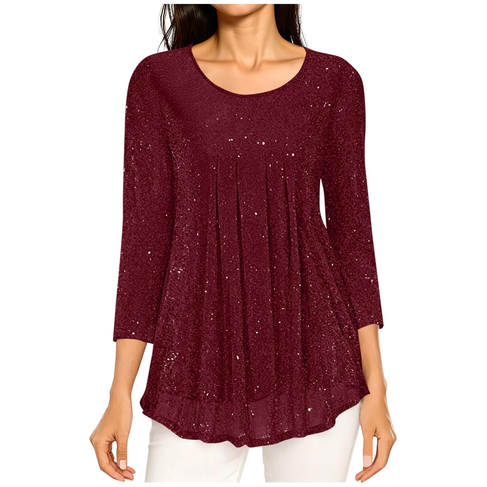 Huytertdr Women's Wine Tops Ruffle 3/4 Sleeve Blouses For Uk Loose Flowy Crew Neck Chiffon Tunic Tops Double Layers Mesh Shirts