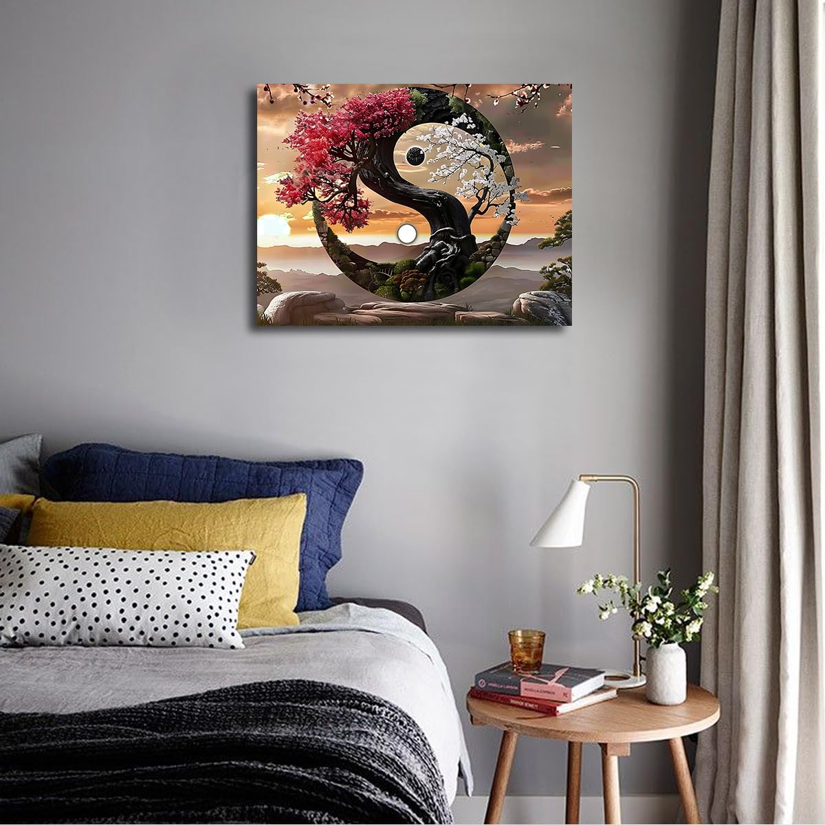 Cuadro Lienzo Yin Yang Flores Rojas & Blancas Árbol 65x85cm