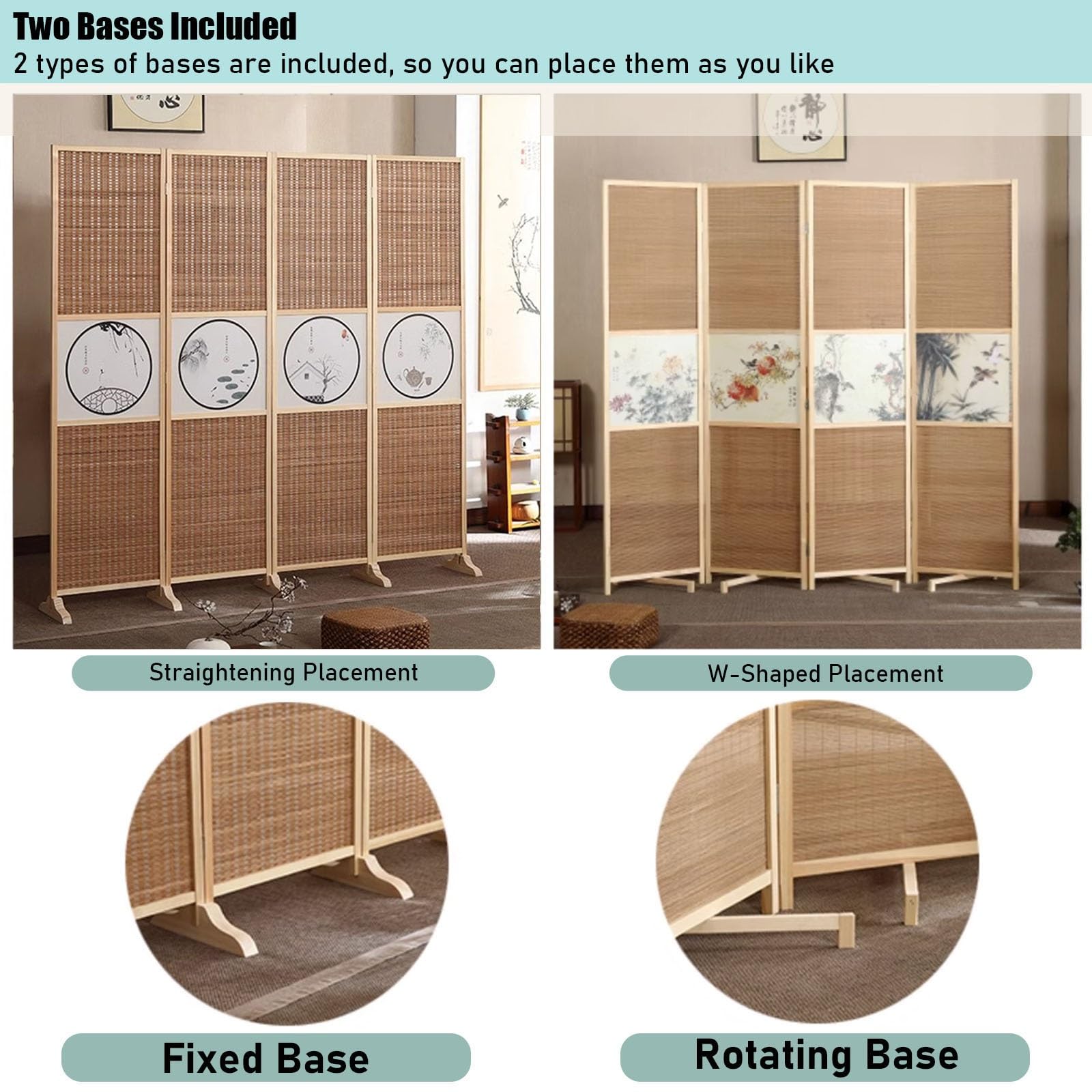 Paravent Cloison de Séparation 4 Panneau Paravent Avec Le Modèle Chinois, Mur Temporaire Autoportant Séparateur Pliant Écran De Confidentialité Avec Pieds De Support En Bois, Décoration Intérieure ( C